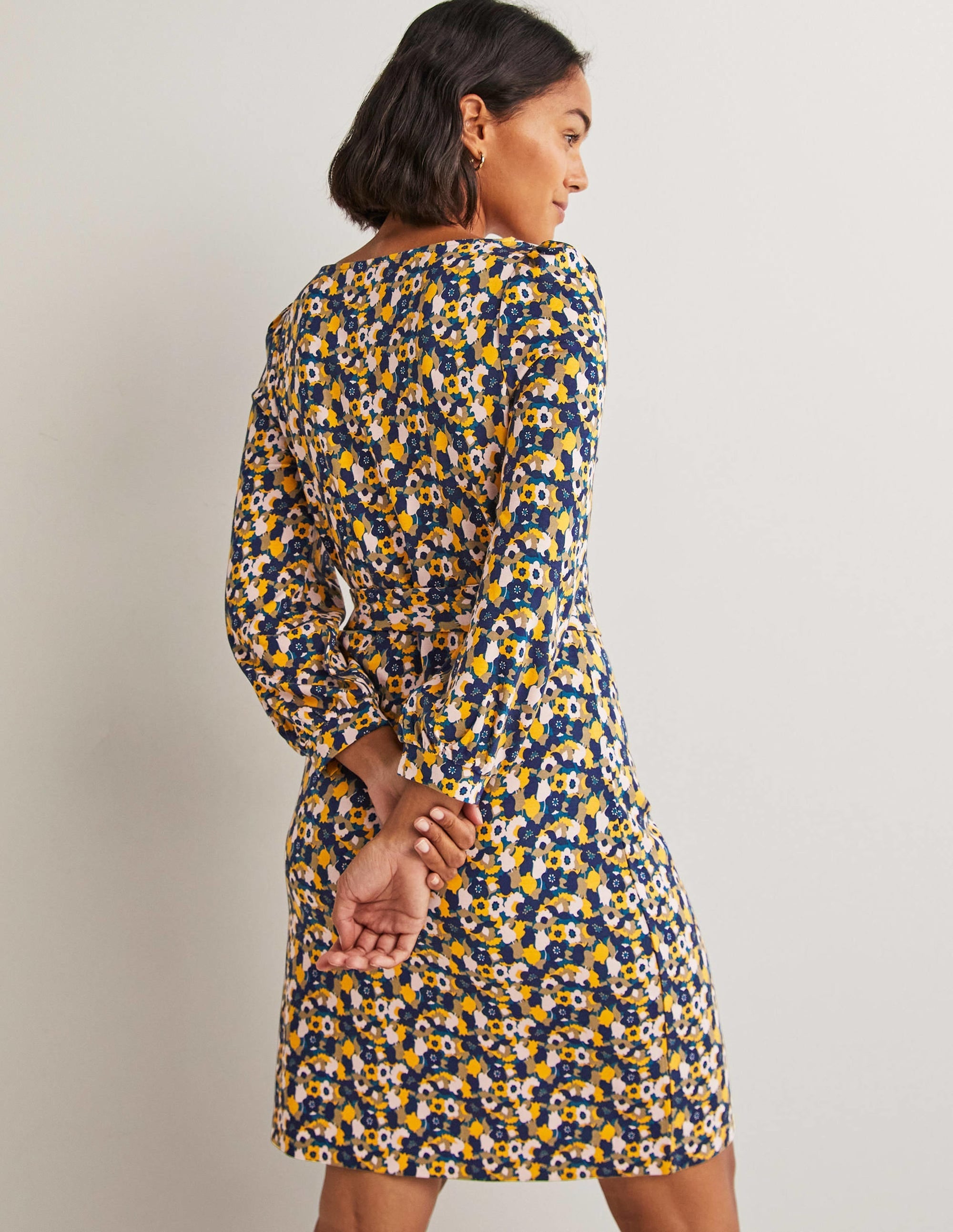 Tie Detail Jersey Shift Dress-Navy, Tulip Cluster - Image 3