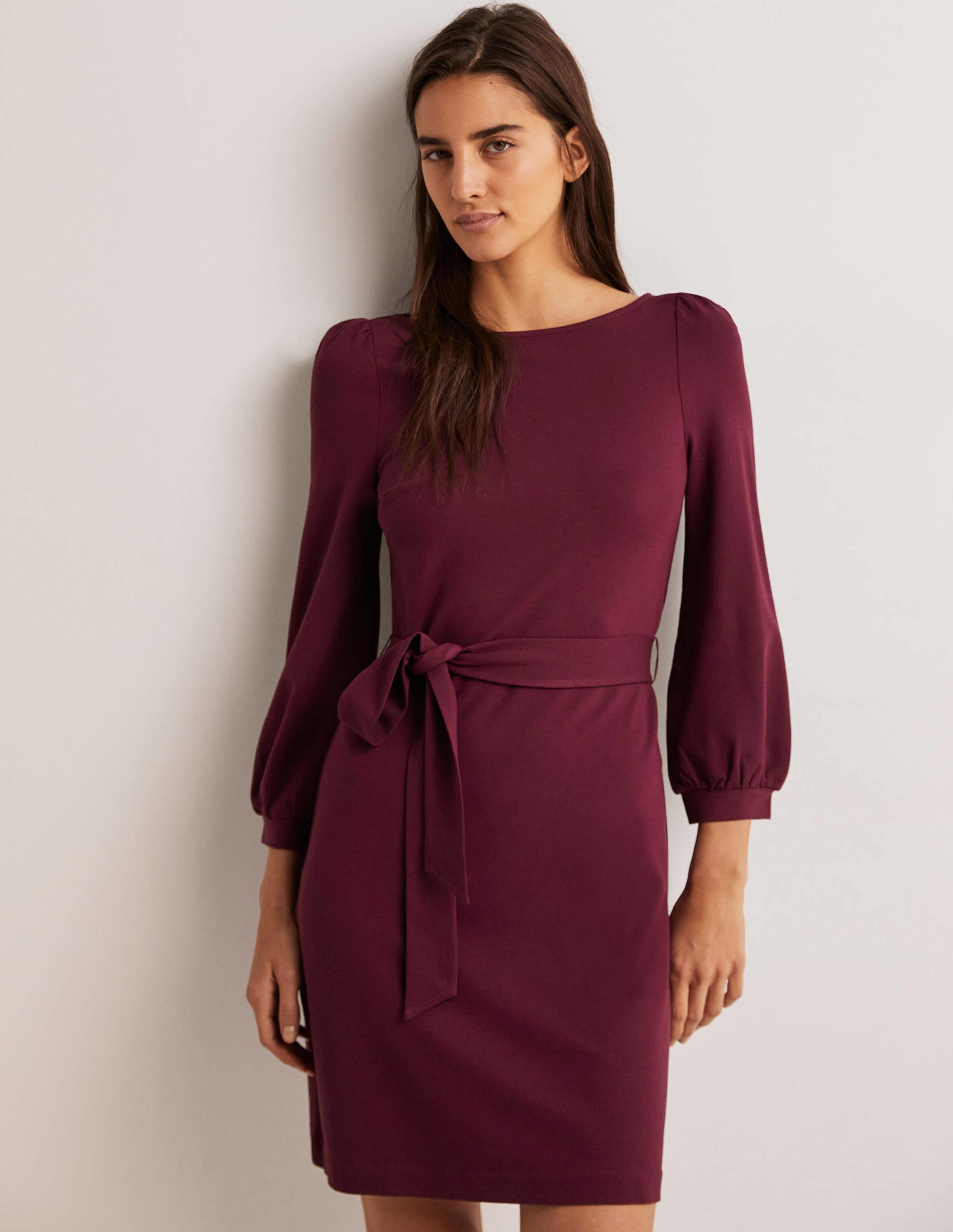 Tie Detail Jersey Shift Dress-Mulled Wine - Image 1