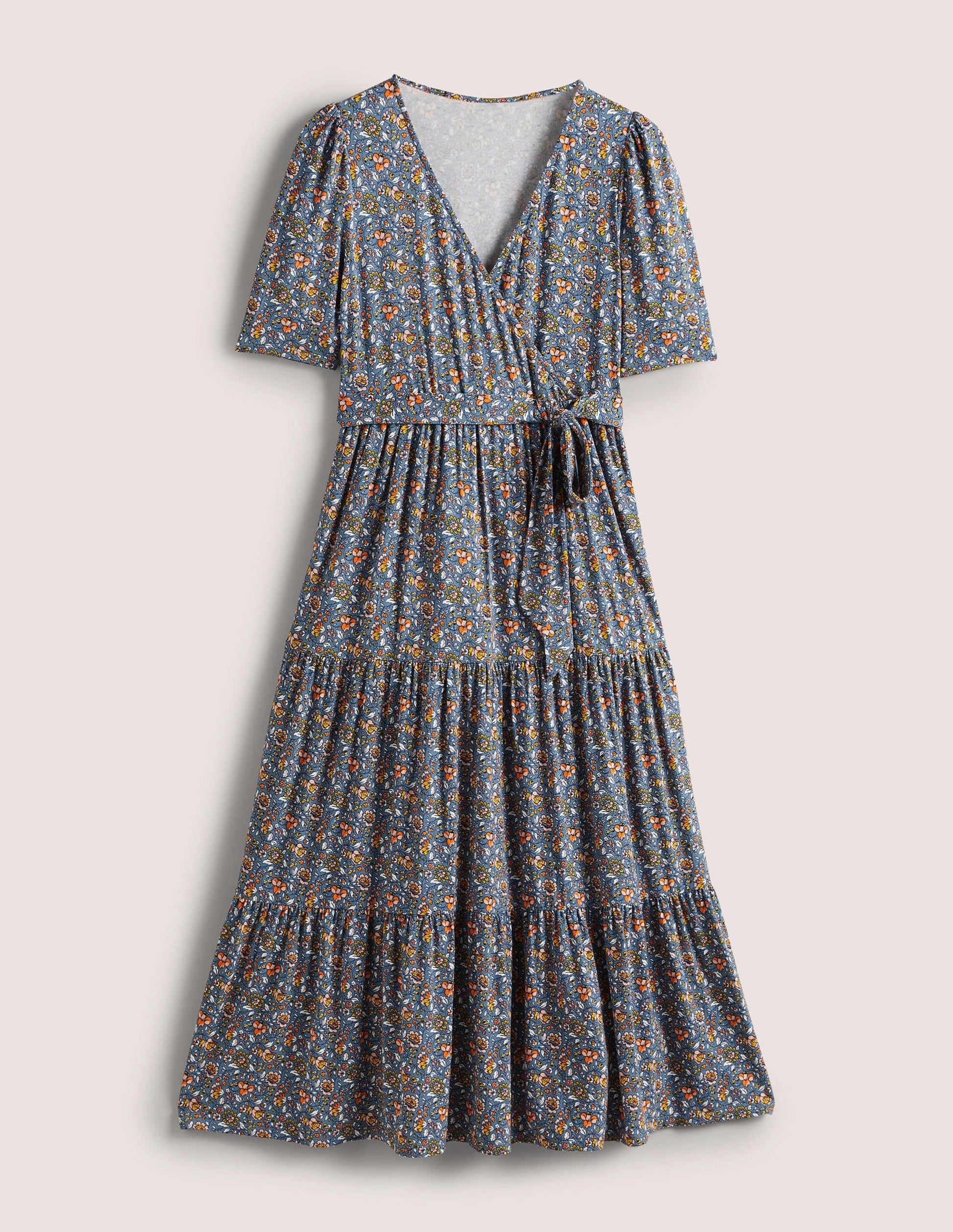 Tiered Wrap Jersey Maxi Dress-Navy, Botanic Meadow-6