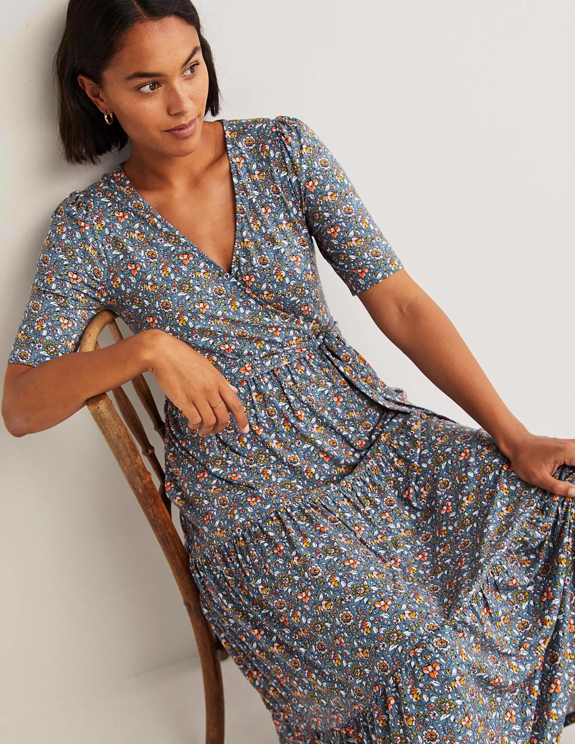 Tiered Wrap Jersey Maxi Dress-Navy, Botanic Meadow-2
