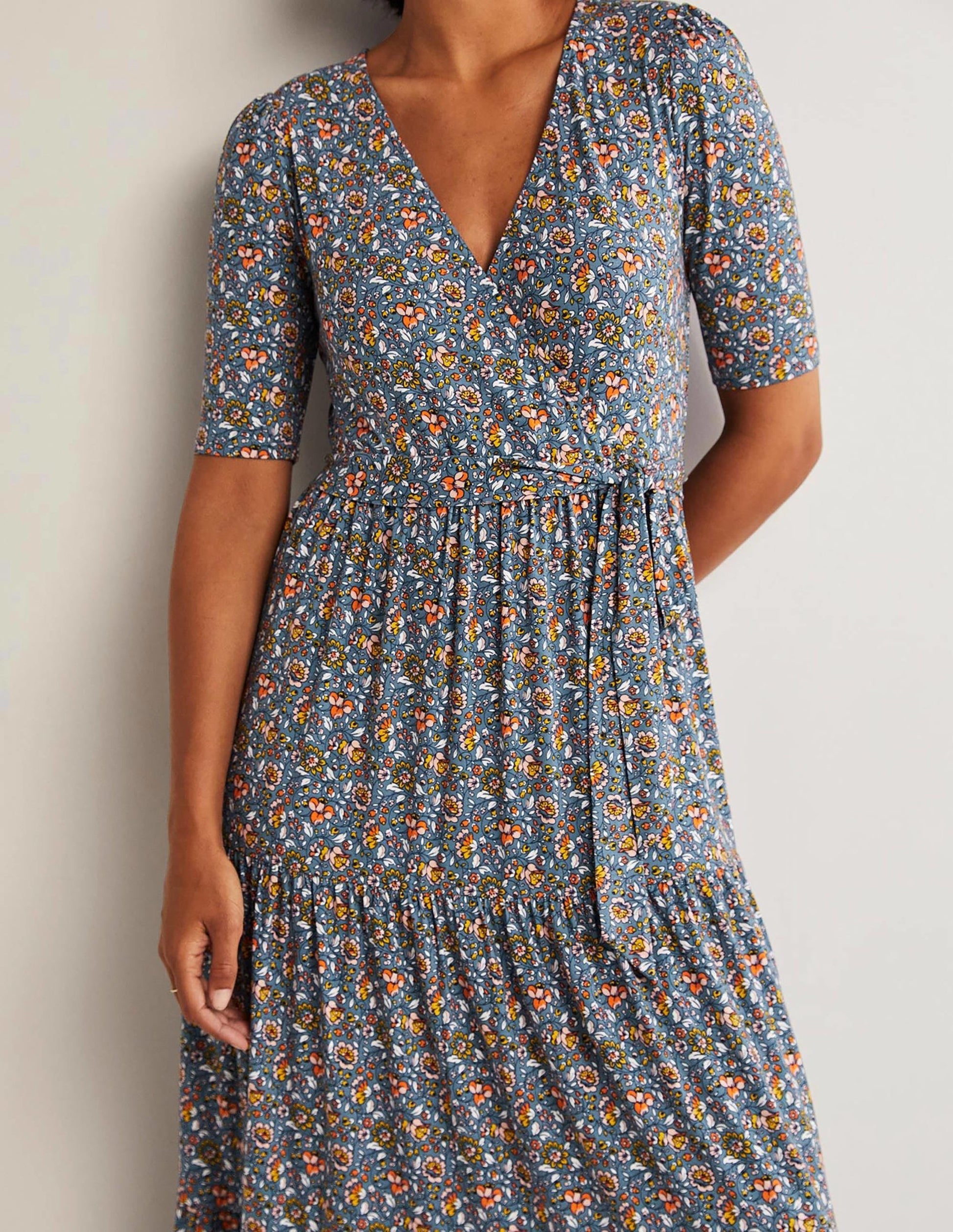 Tiered Wrap Jersey Maxi Dress-Navy, Botanic Meadow-3