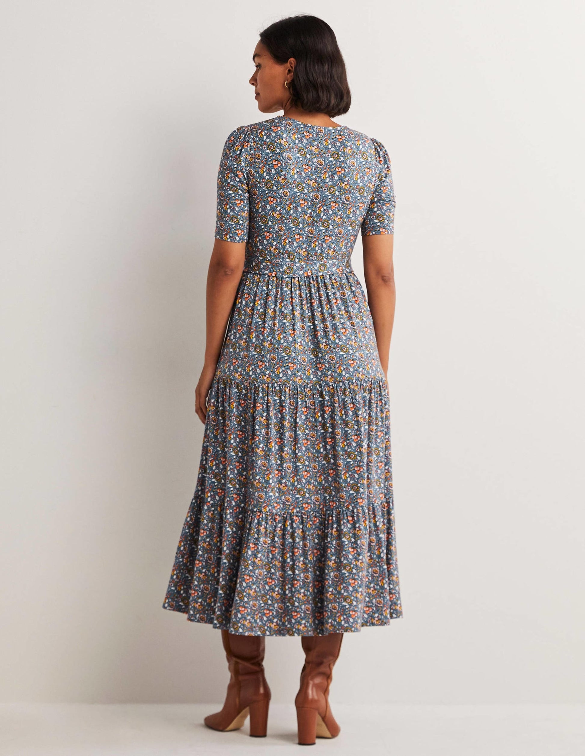 Tiered Wrap Jersey Maxi Dress-Navy, Botanic Meadow-4
