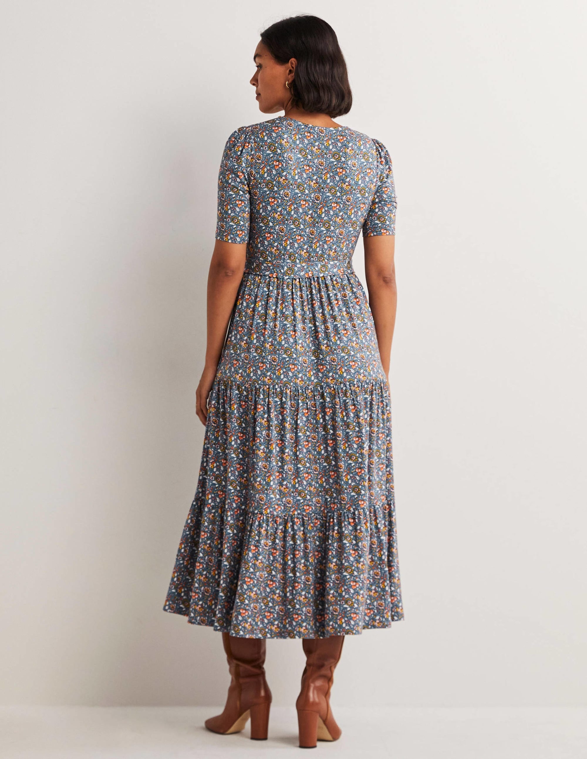 Tiered Wrap Jersey Maxi Dress-Navy, Botanic Meadow - Image 4