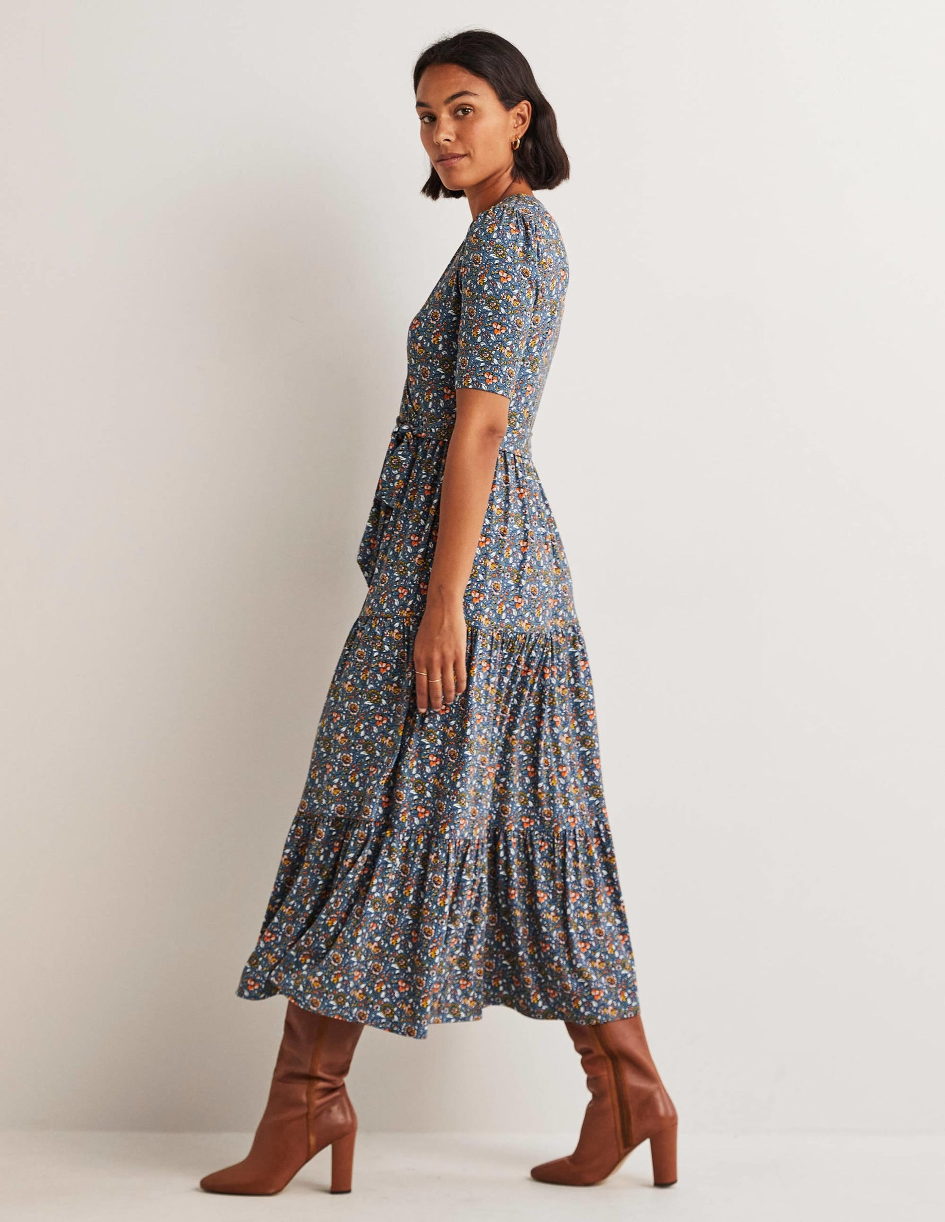 Tiered Wrap Jersey Maxi Dress-Navy, Botanic Meadow-5