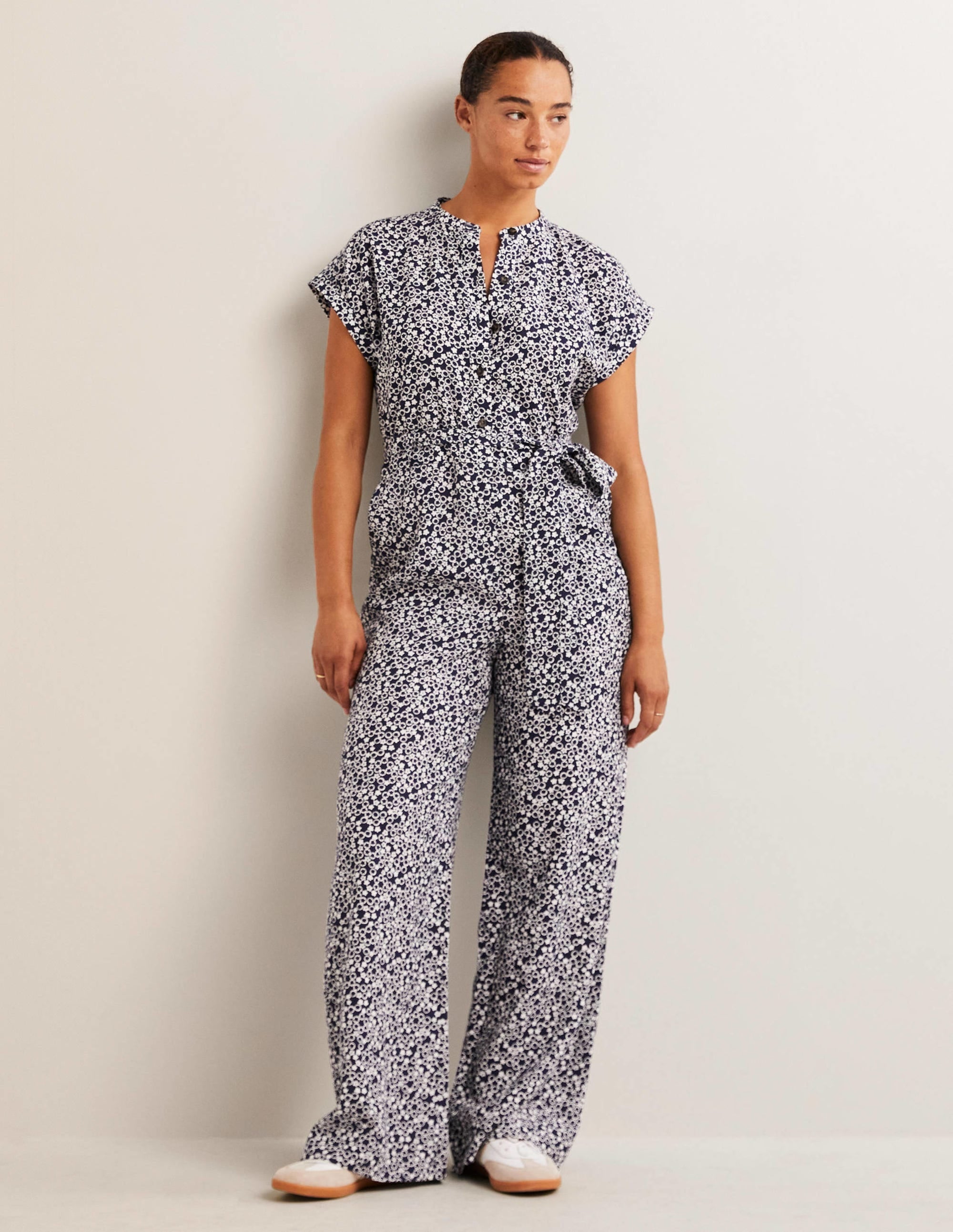 Tie Waist Jumpsuit-Navy, Floral Pebble - Image 1