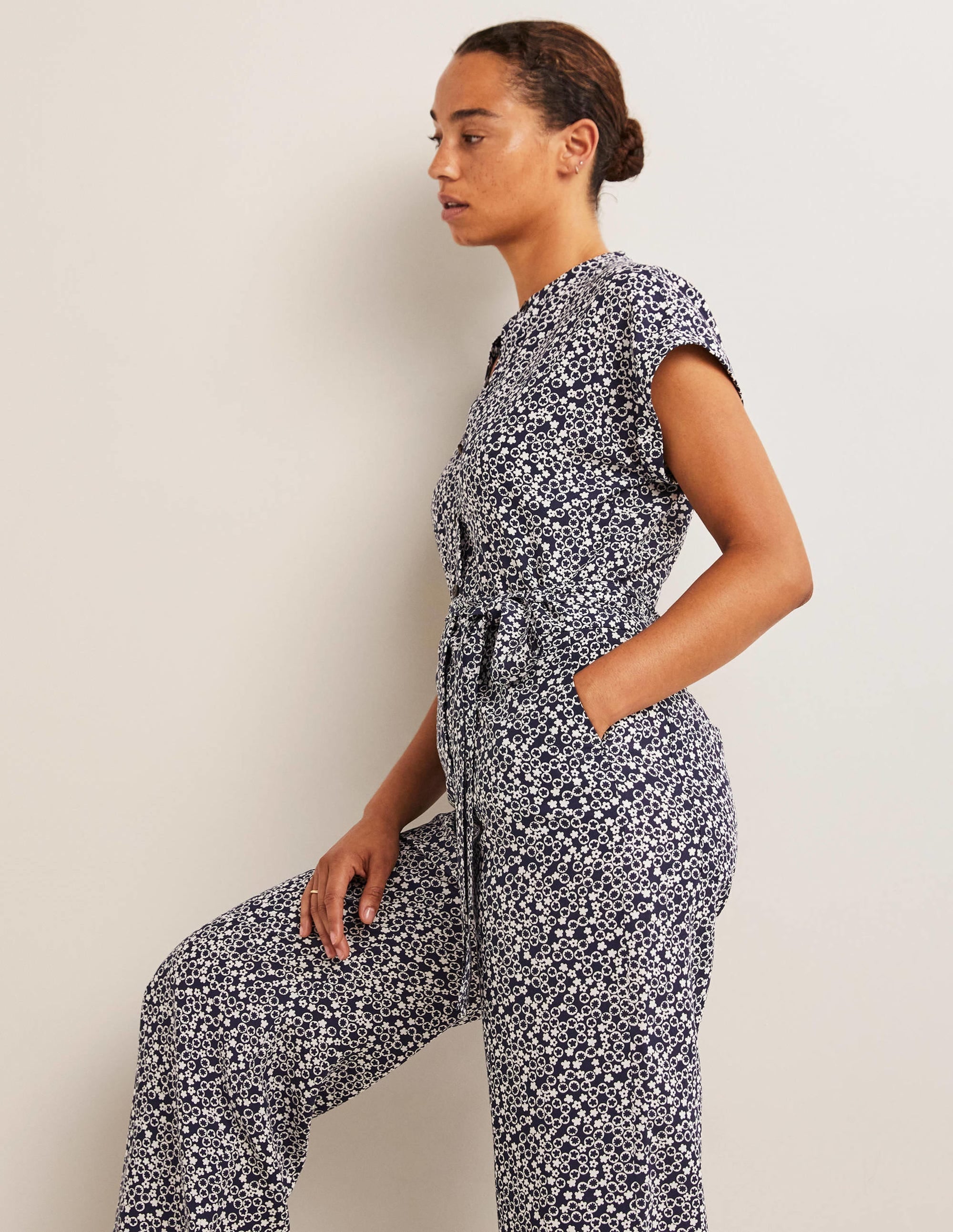 Tie Waist Jumpsuit-Navy, Floral Pebble - Image 4
