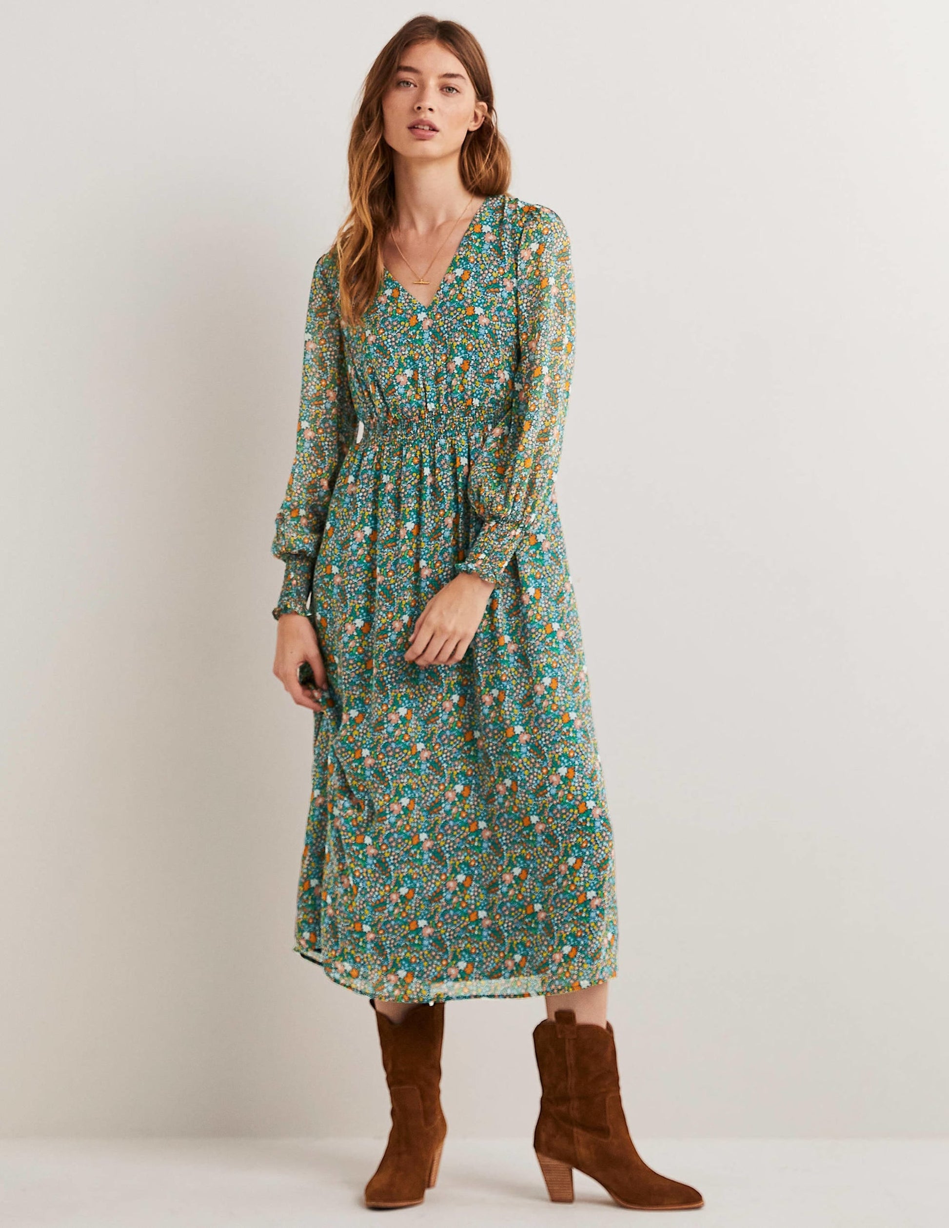 Smocked Waist Midi Dress-Multi, Abstract Ditsy-1