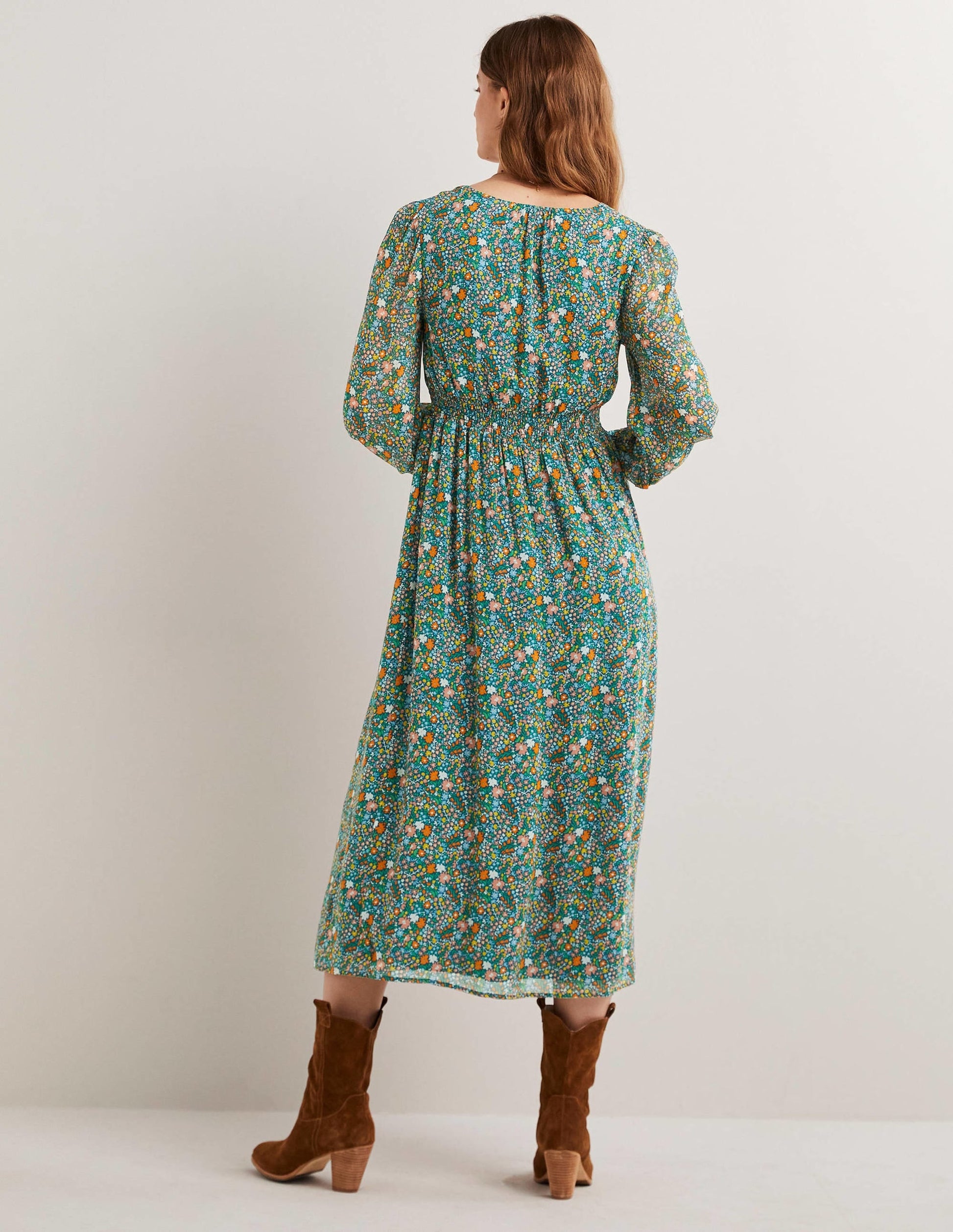 Smocked Waist Midi Dress-Multi, Abstract Ditsy-3