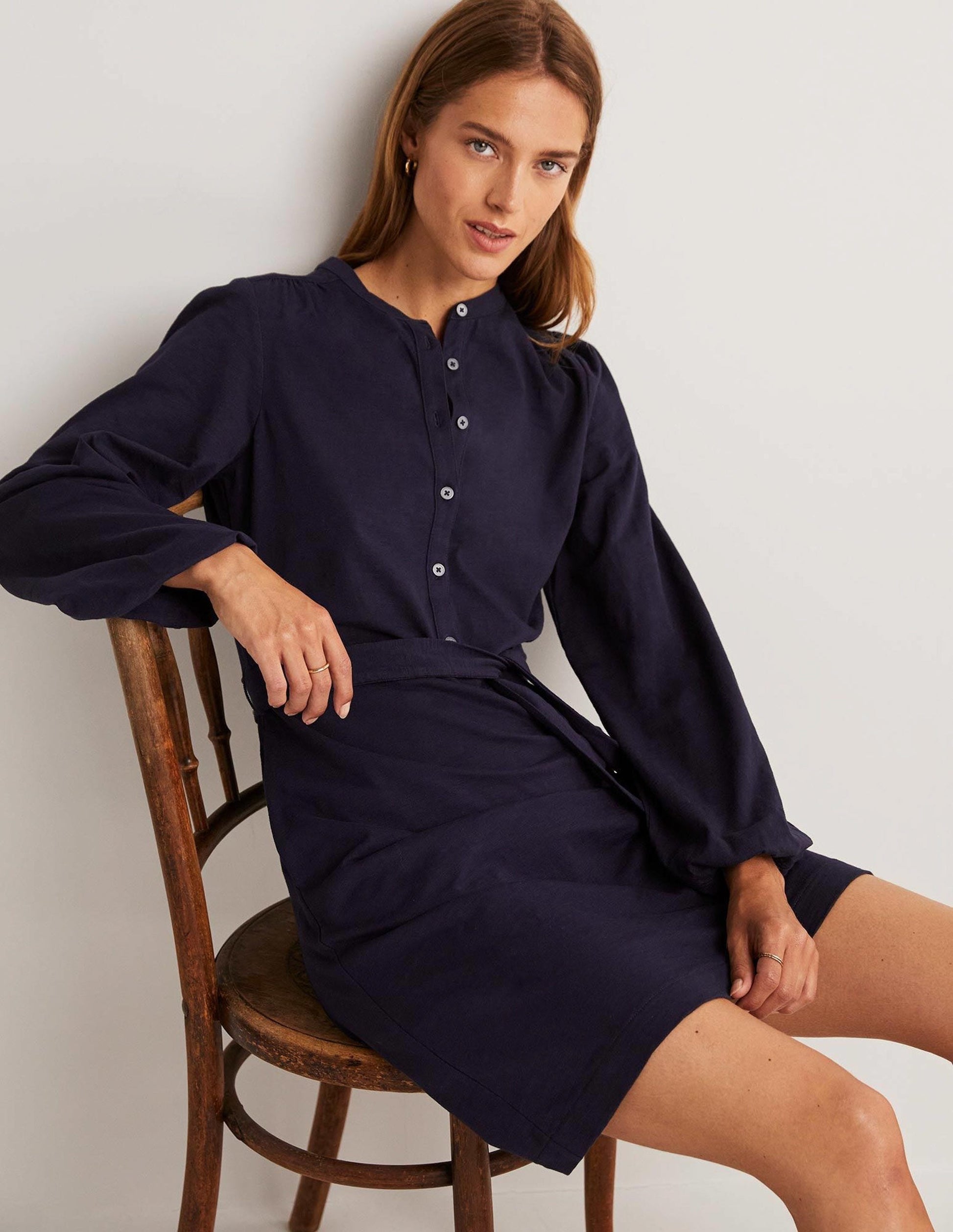 Belted Jersey Shirt Dress-Navy-8