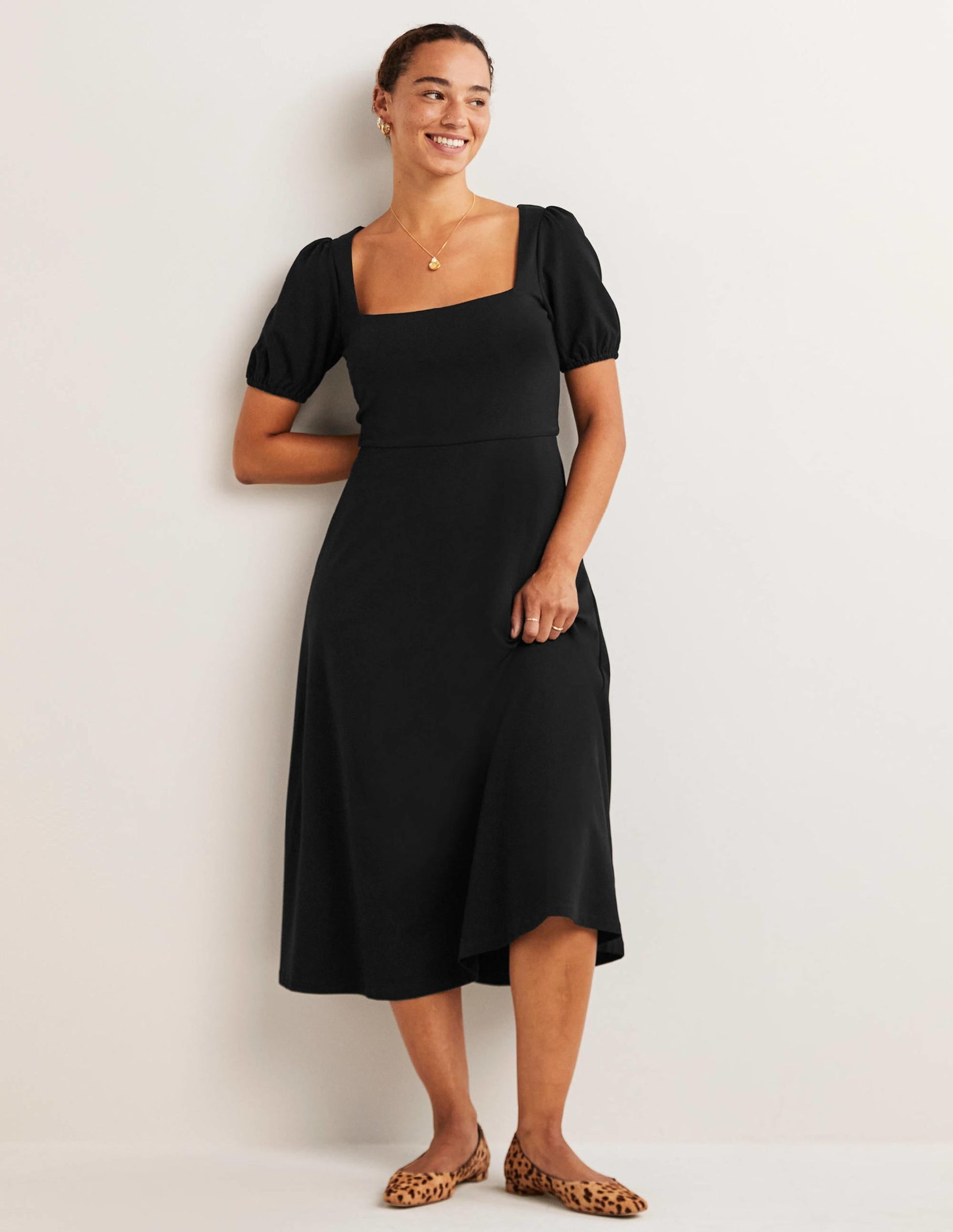 Short Sleeve Jersey Midi Dress-Black-1