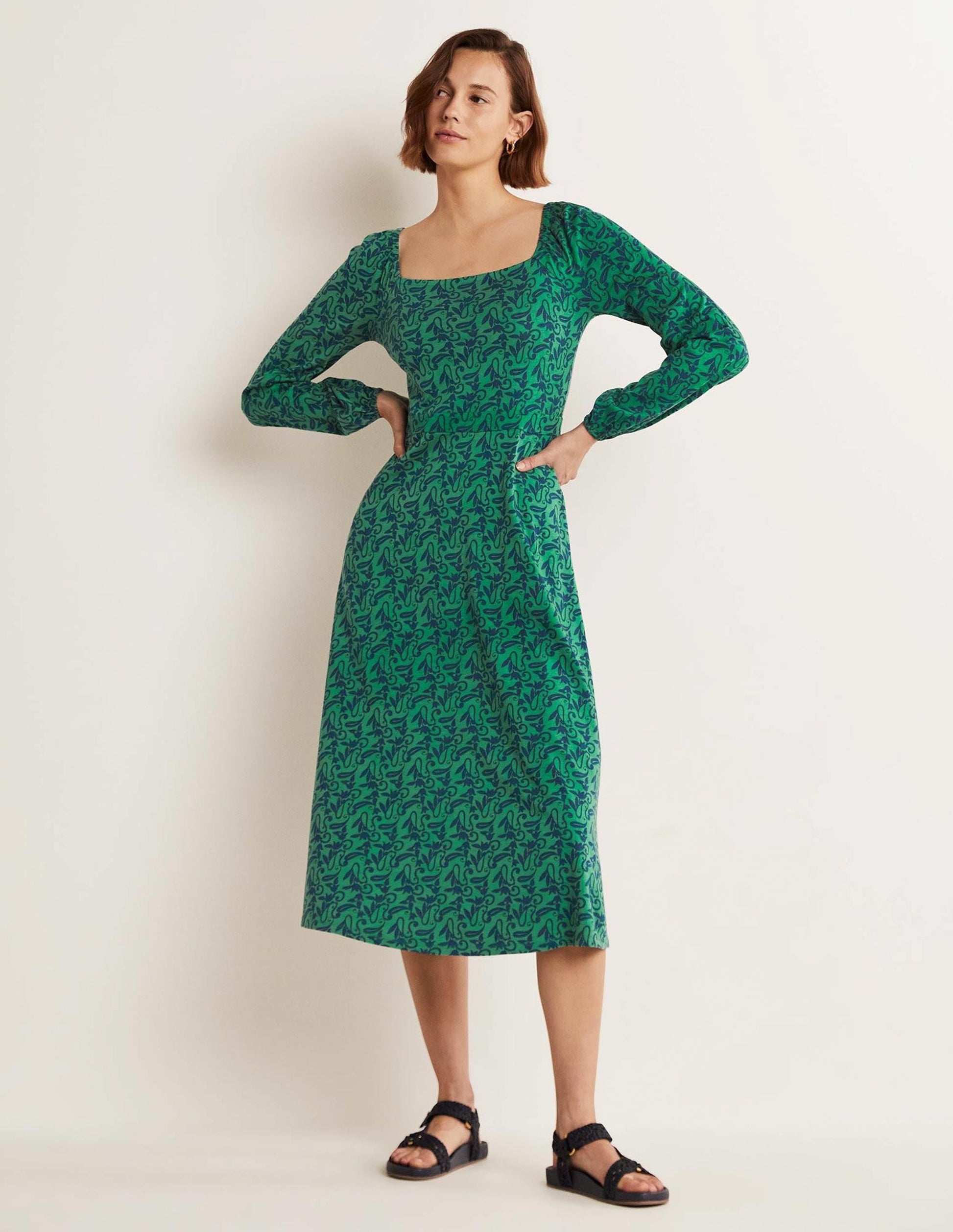 Square Neck Jersey Midi Dress-Shady Glade Paisley Meadow-1