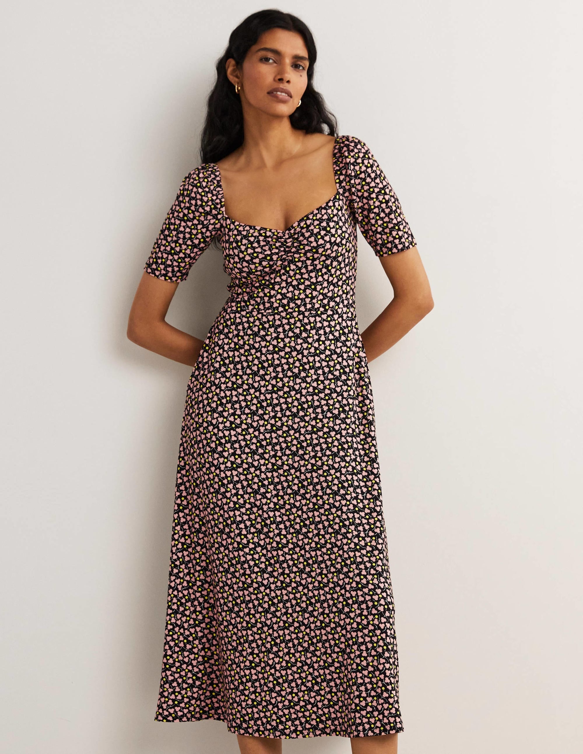 Sweetheart Jersey Midi Dress-Black, Flora Blossom - Image 1