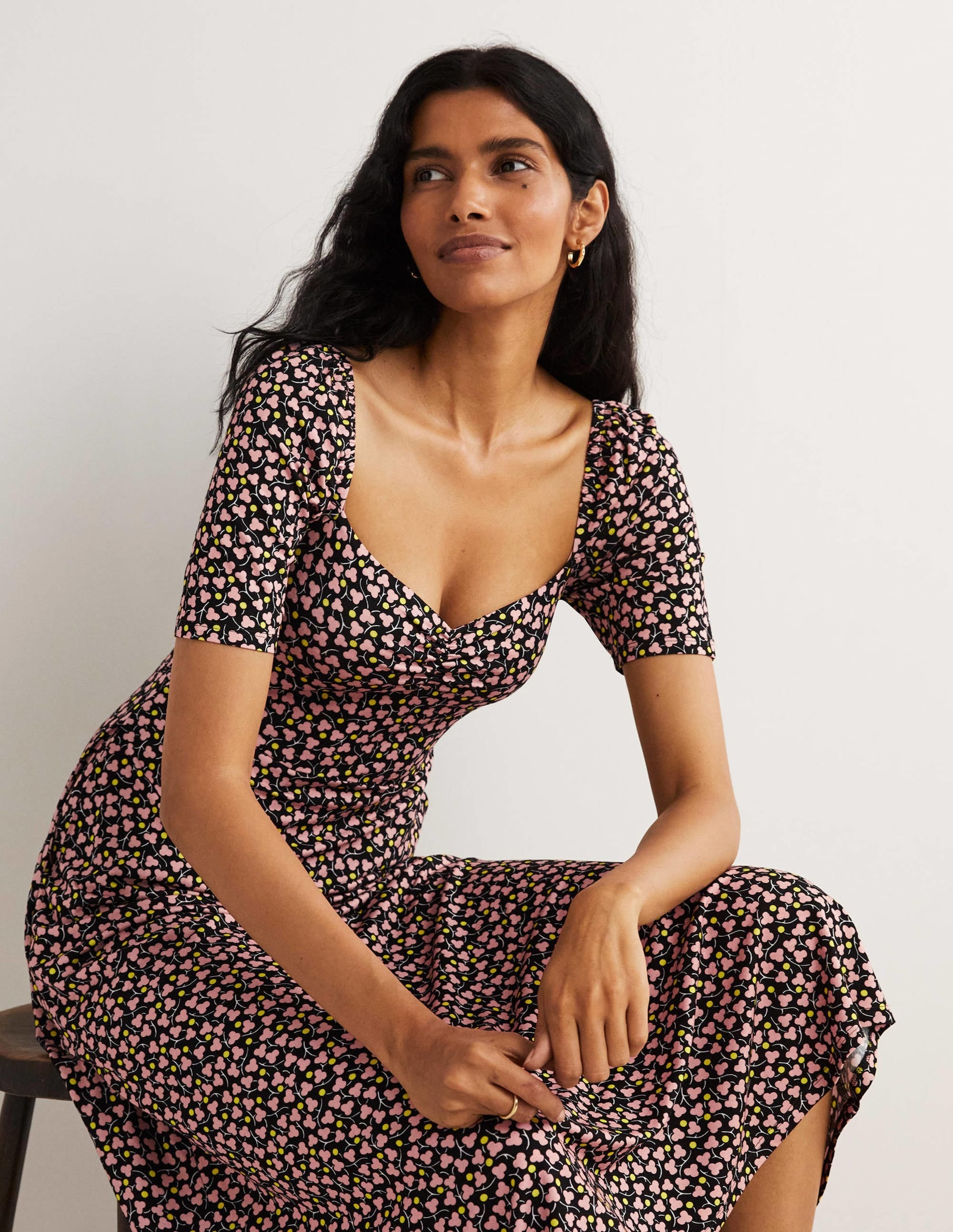 Sweetheart Jersey Midi Dress-Black, Flora Blossom - Image 4