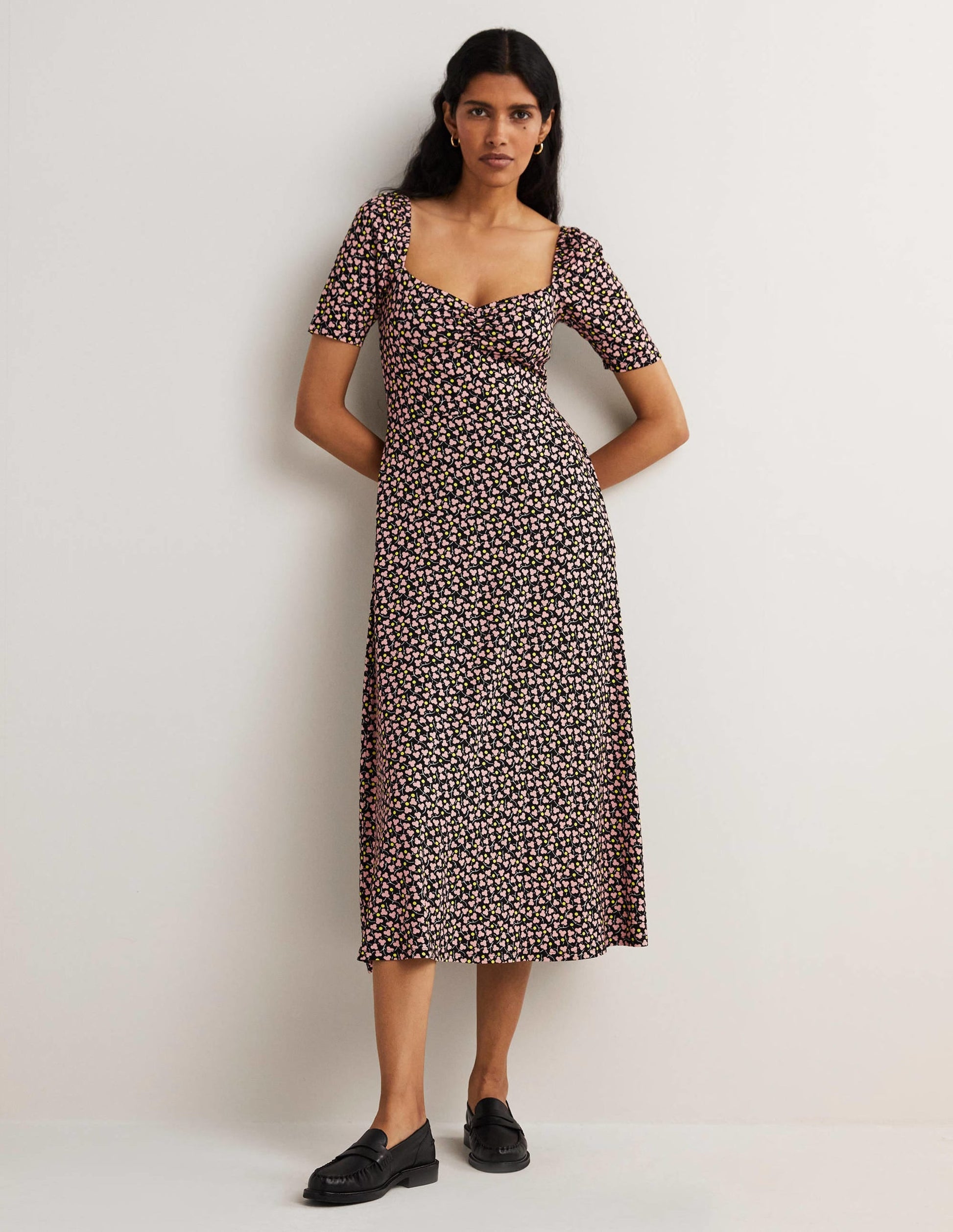 Sweetheart Jersey Midi Dress-Black, Flora Blossom-5