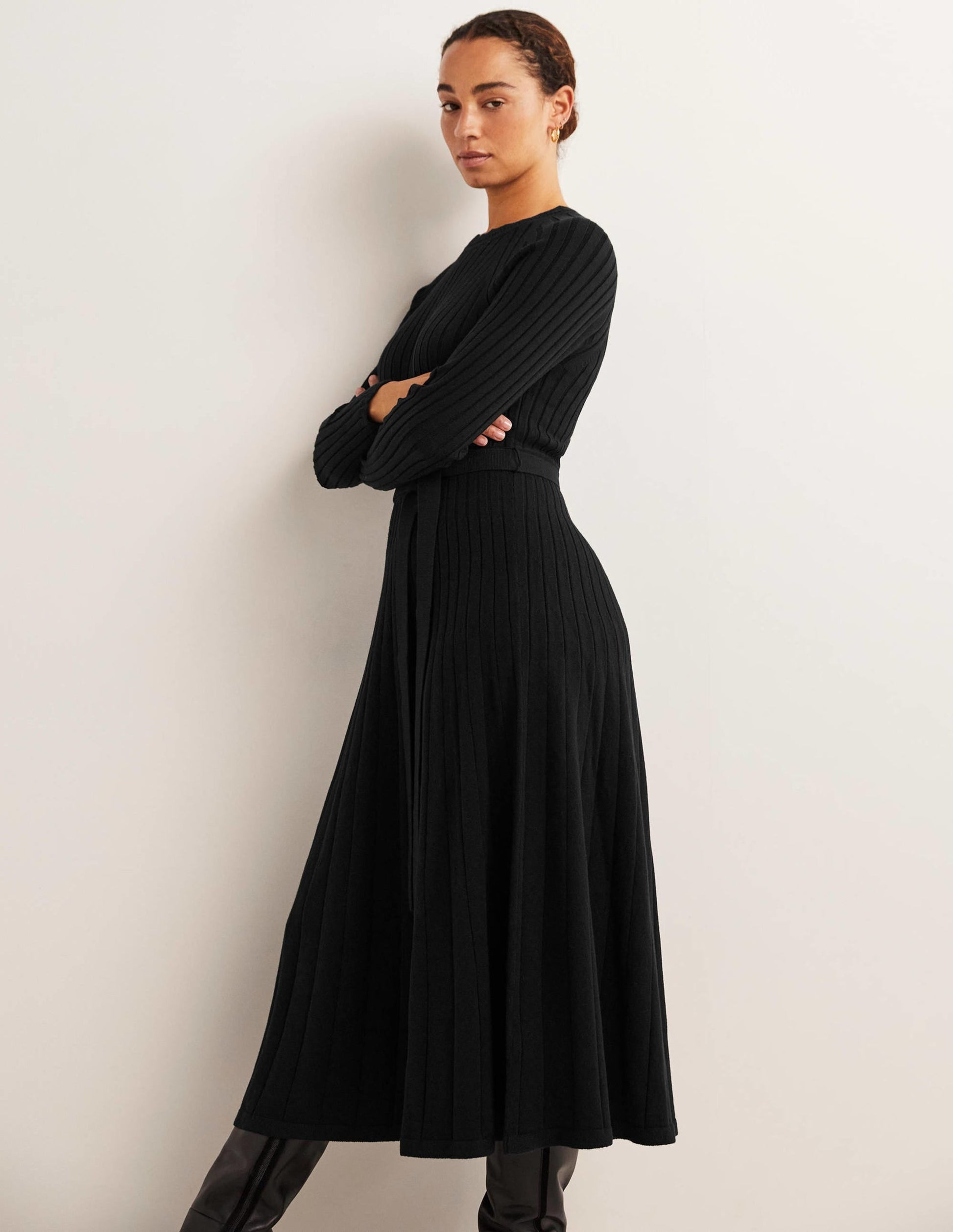 Rib Detail Knitted Midi Dress-Black-4
