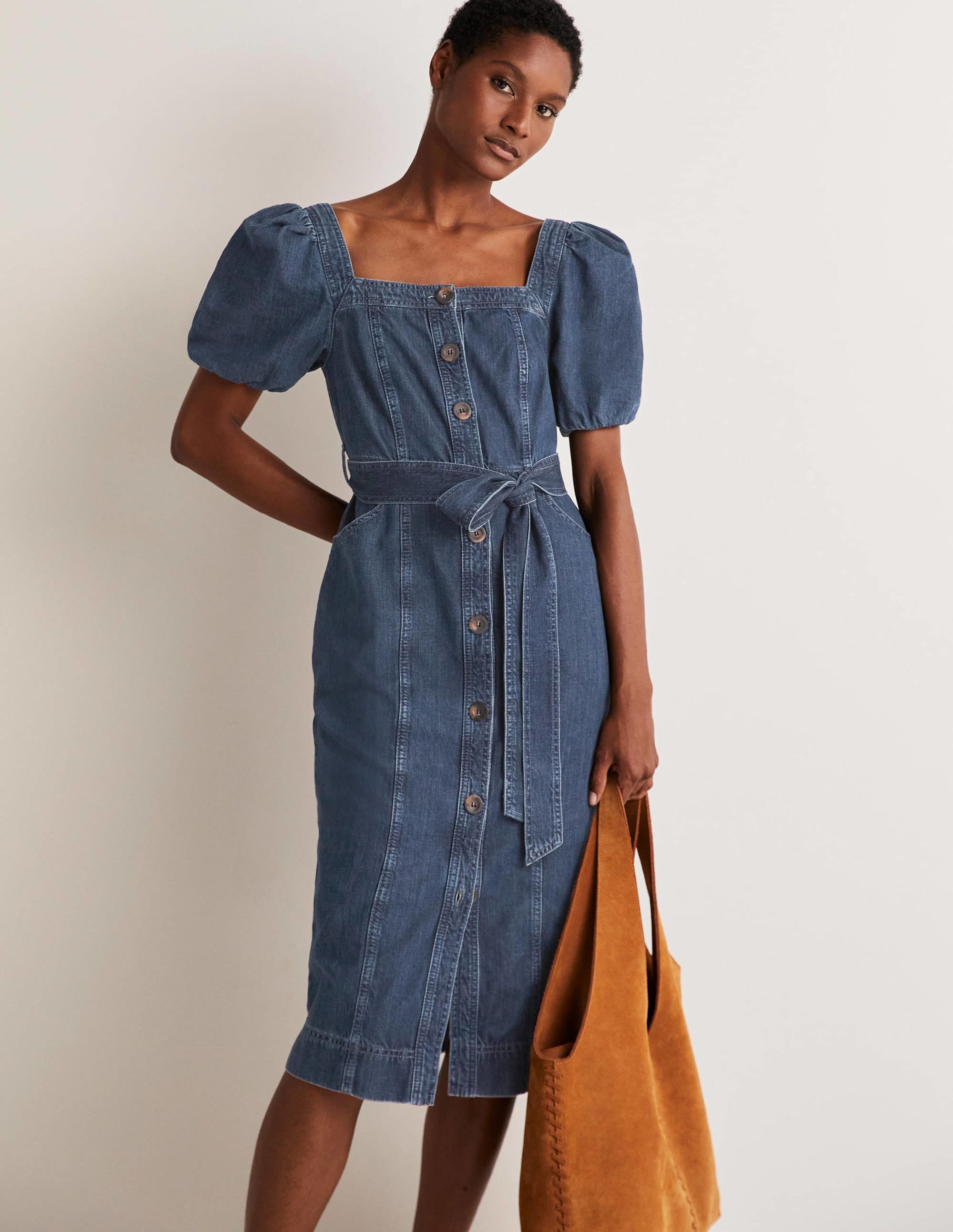 Square Neck Denim Dress-Indigo - Image 6