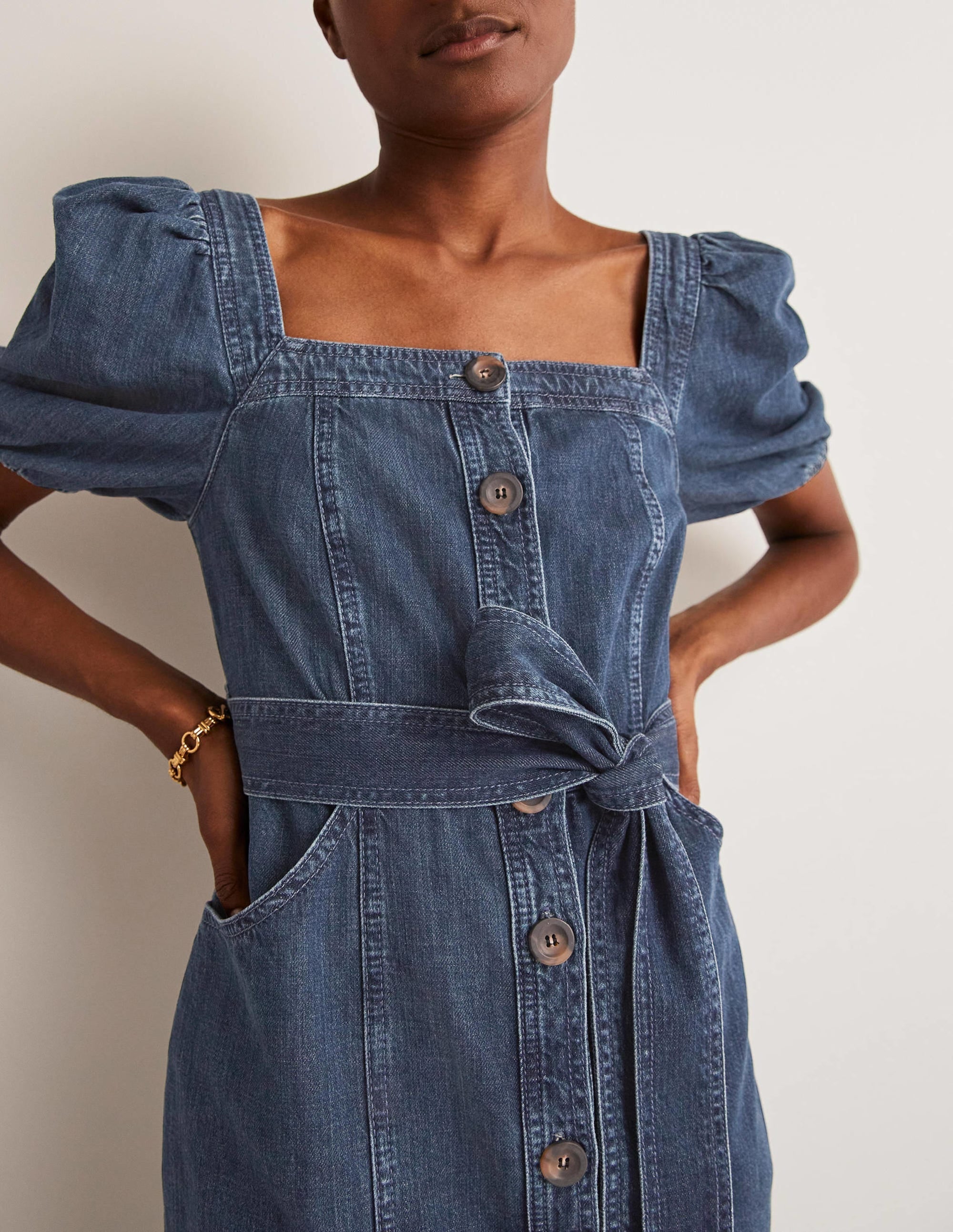 Square Neck Denim Dress-Indigo - Image 10