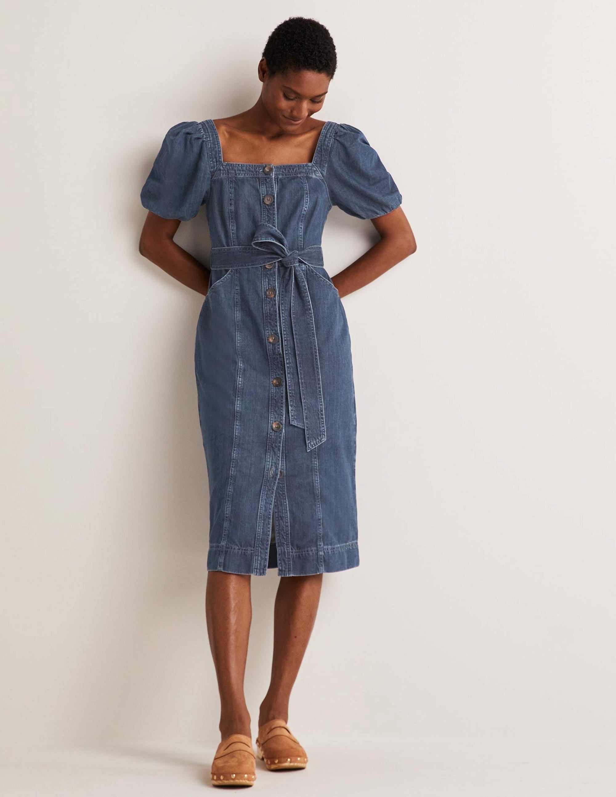 Square Neck Denim Dress-Indigo - Image 4