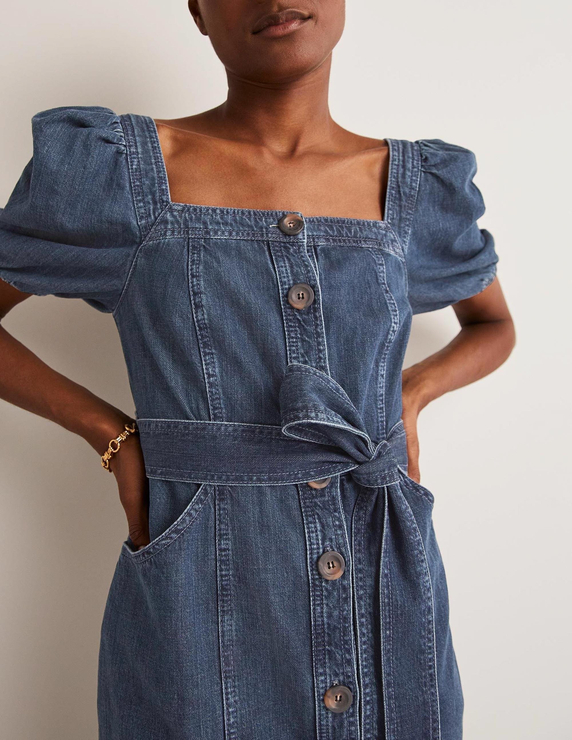 Square Neck Denim Dress-Indigo - Image 5