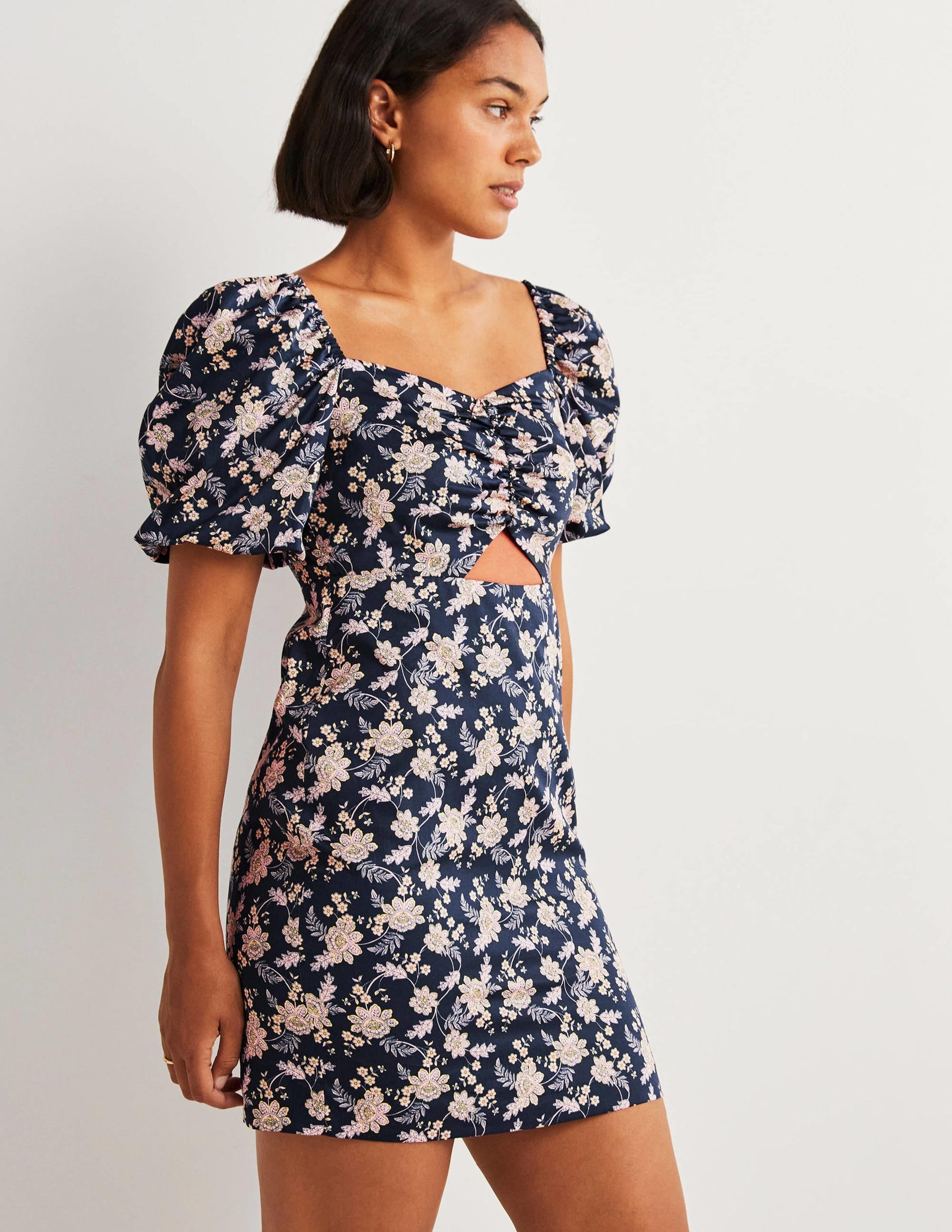 Cut Out Detail Mini Dress-Navy, Chintz Bloom-4