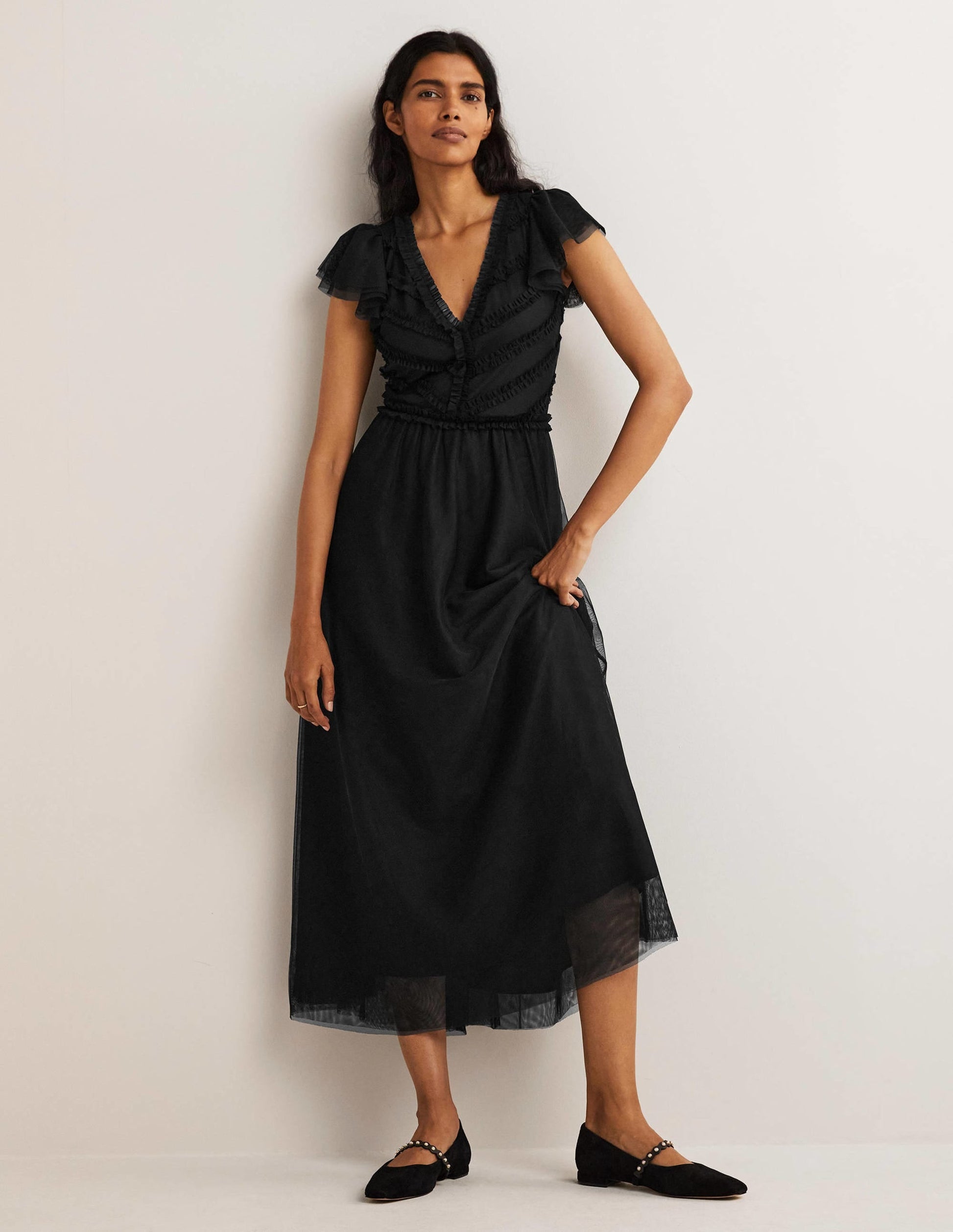 Tulle V-Neck Maxi Party Dress-Black-2