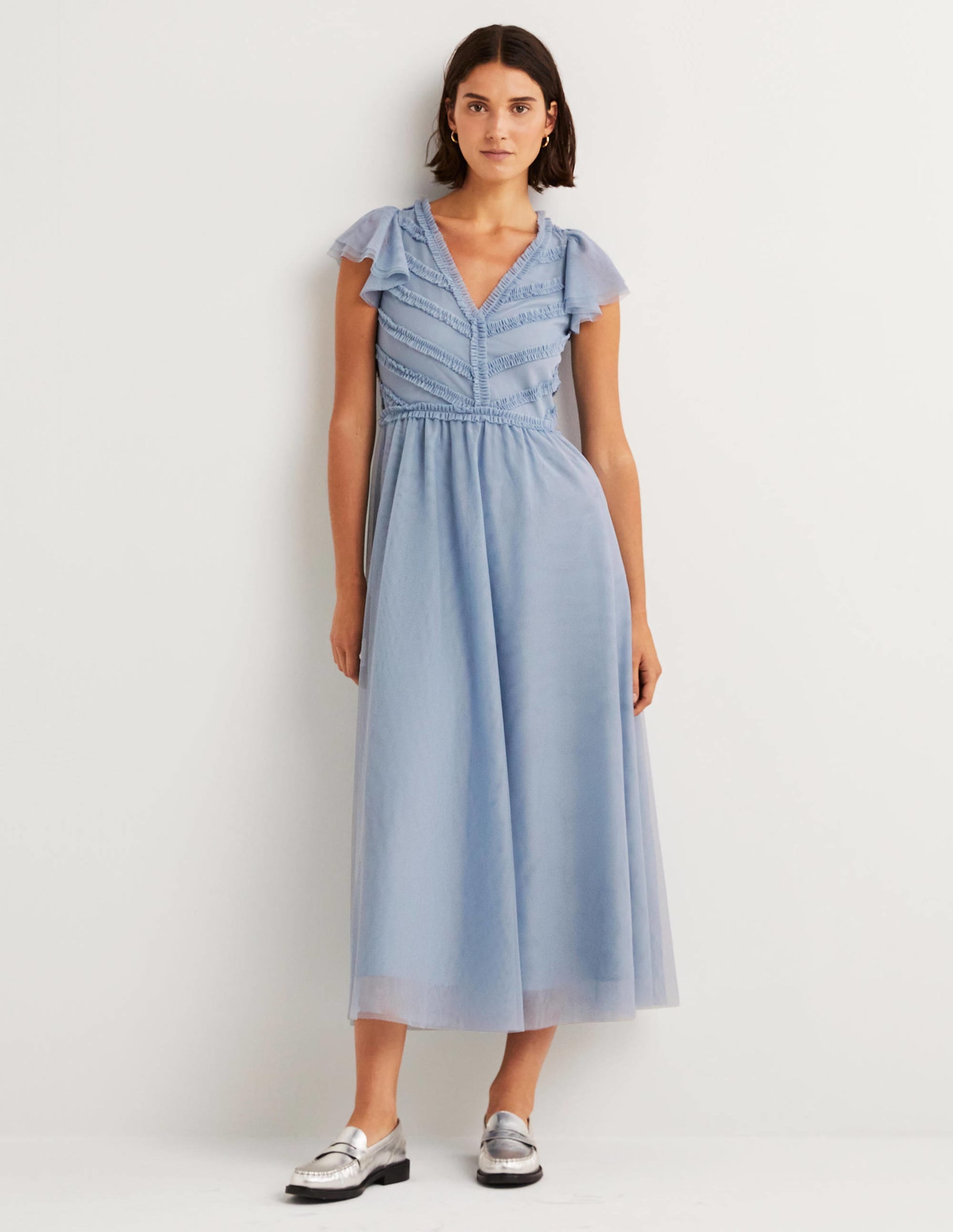 Tulle V-Neck Maxi Party Dress-Dusty Blue - Image 1