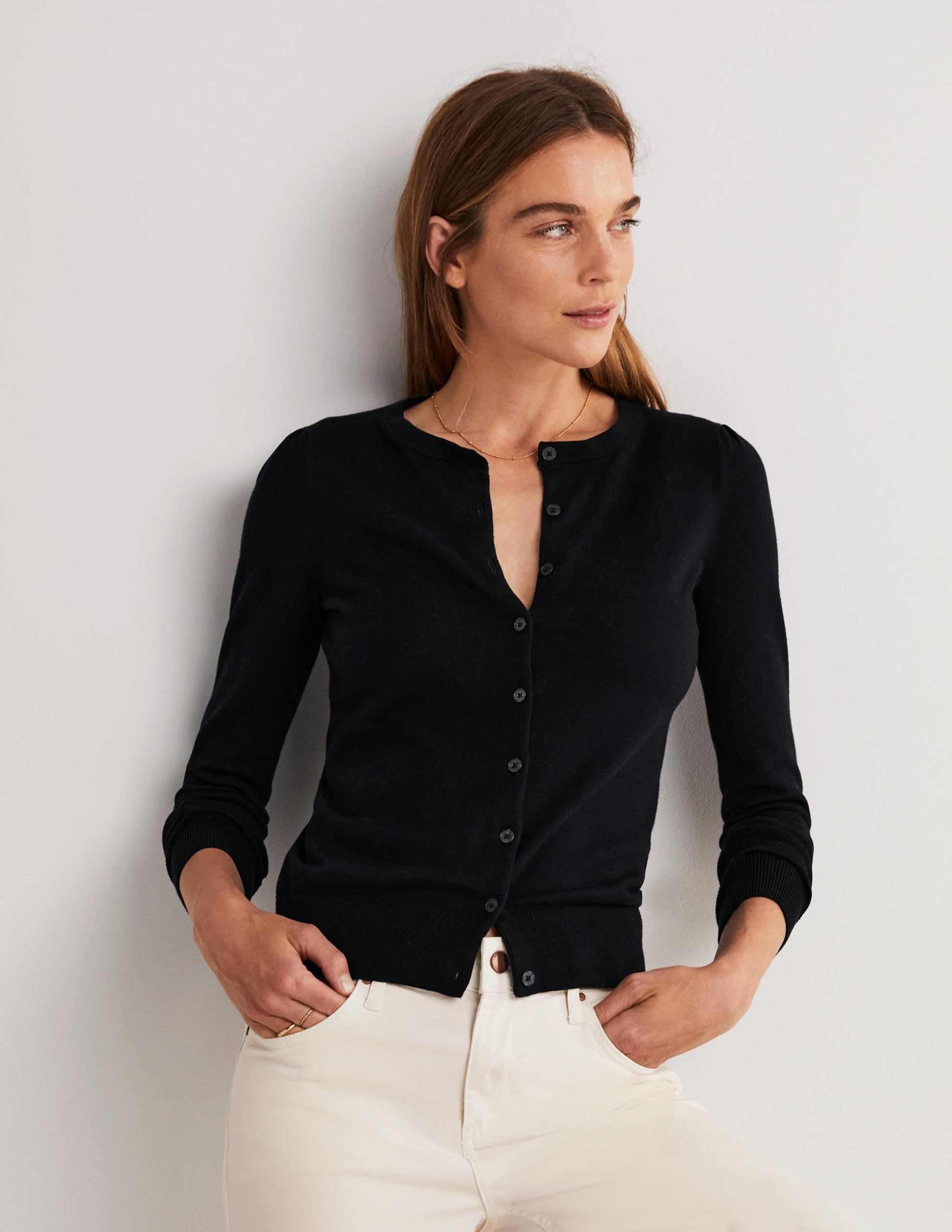 Cotton Crew Neck Cardigan-Black-1