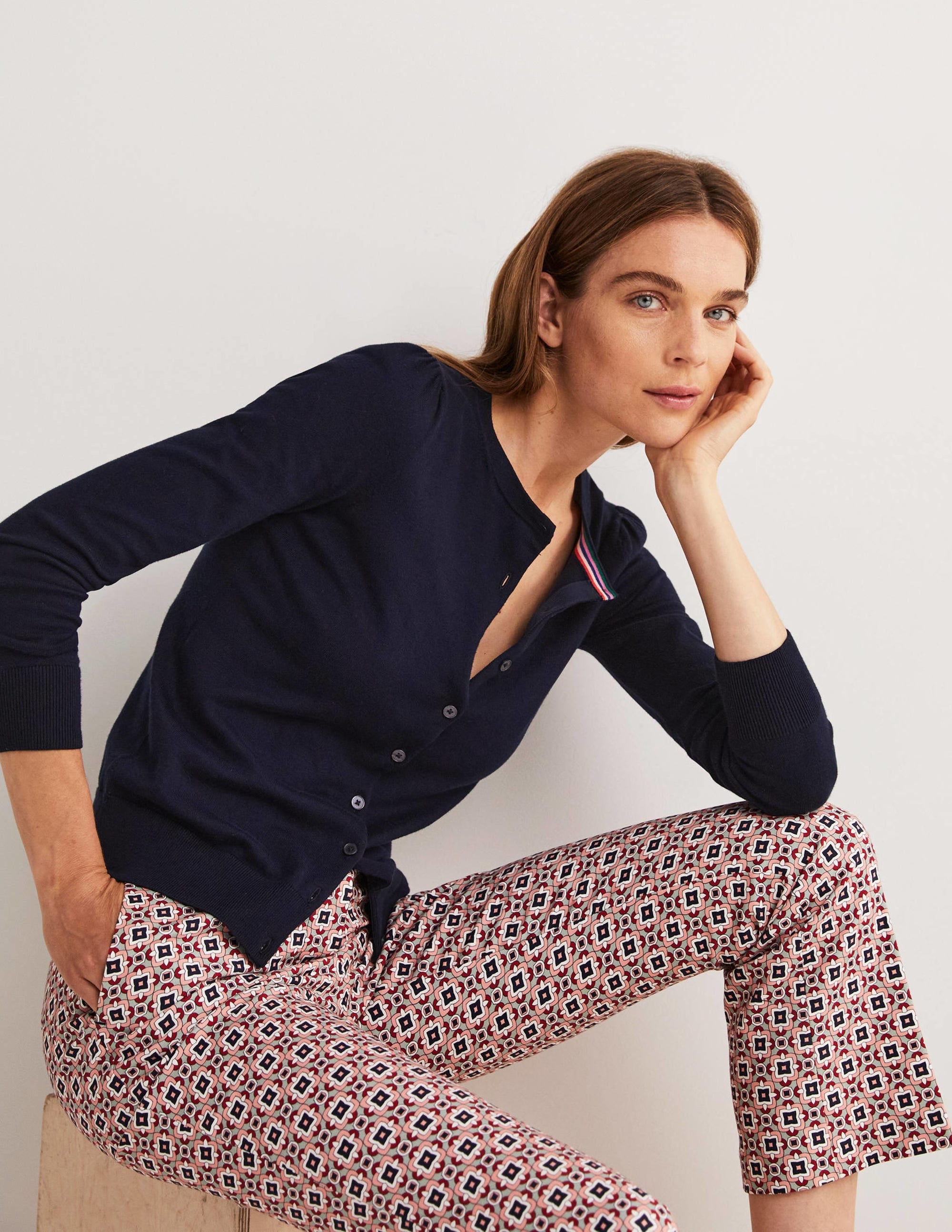 Cotton Crew Neck Cardigan-Navy - Image 1