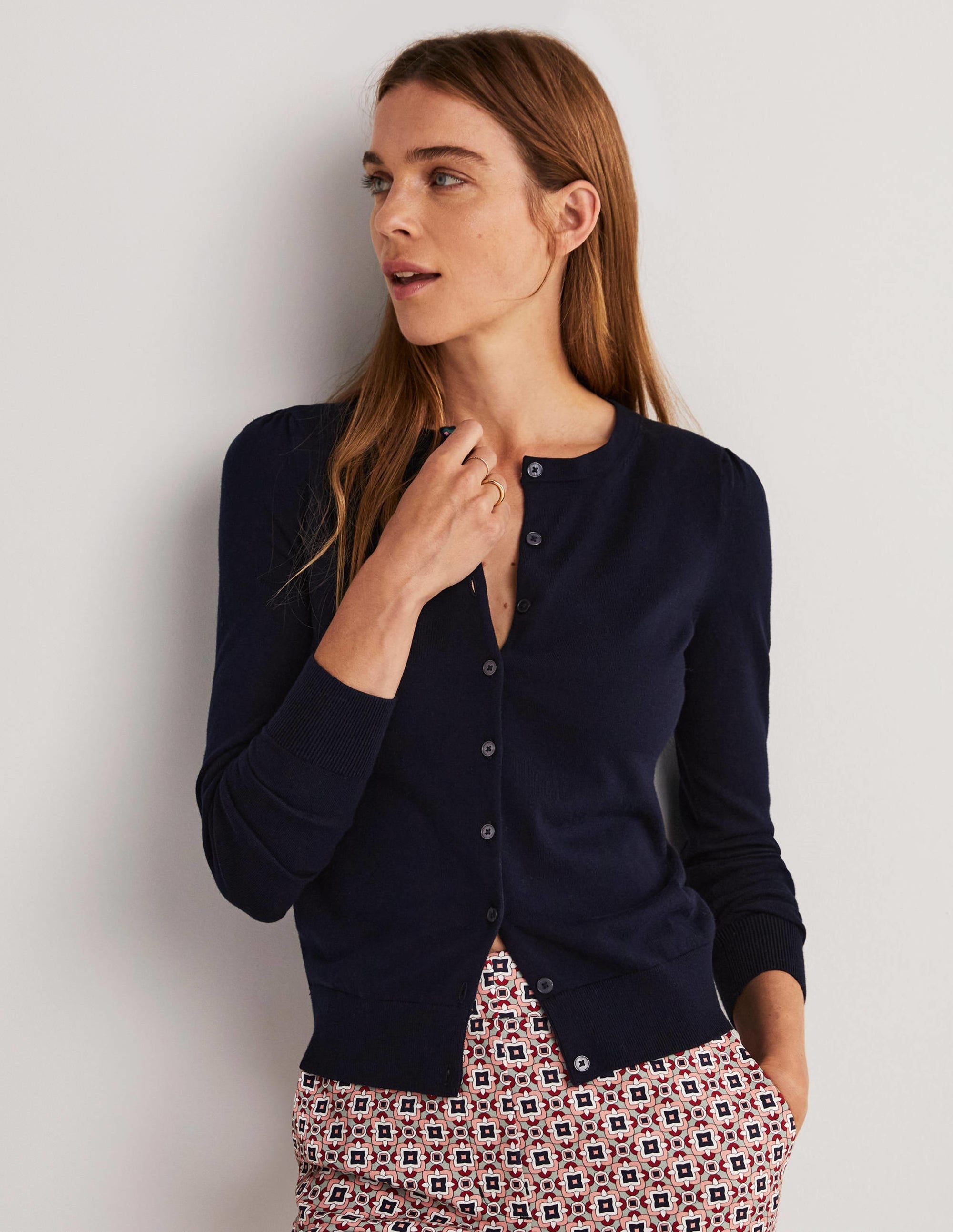 Cotton Crew Neck Cardigan-Navy - Image 3