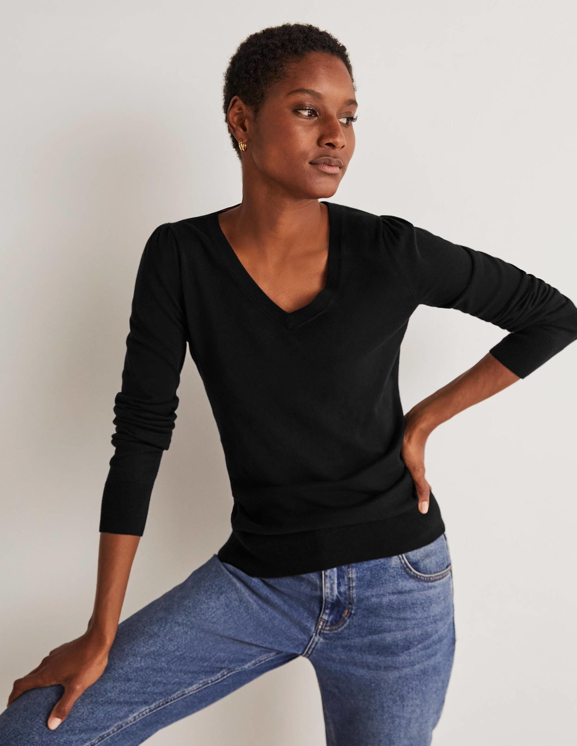 Cotton V-Neck Jumper-Black - Image 1