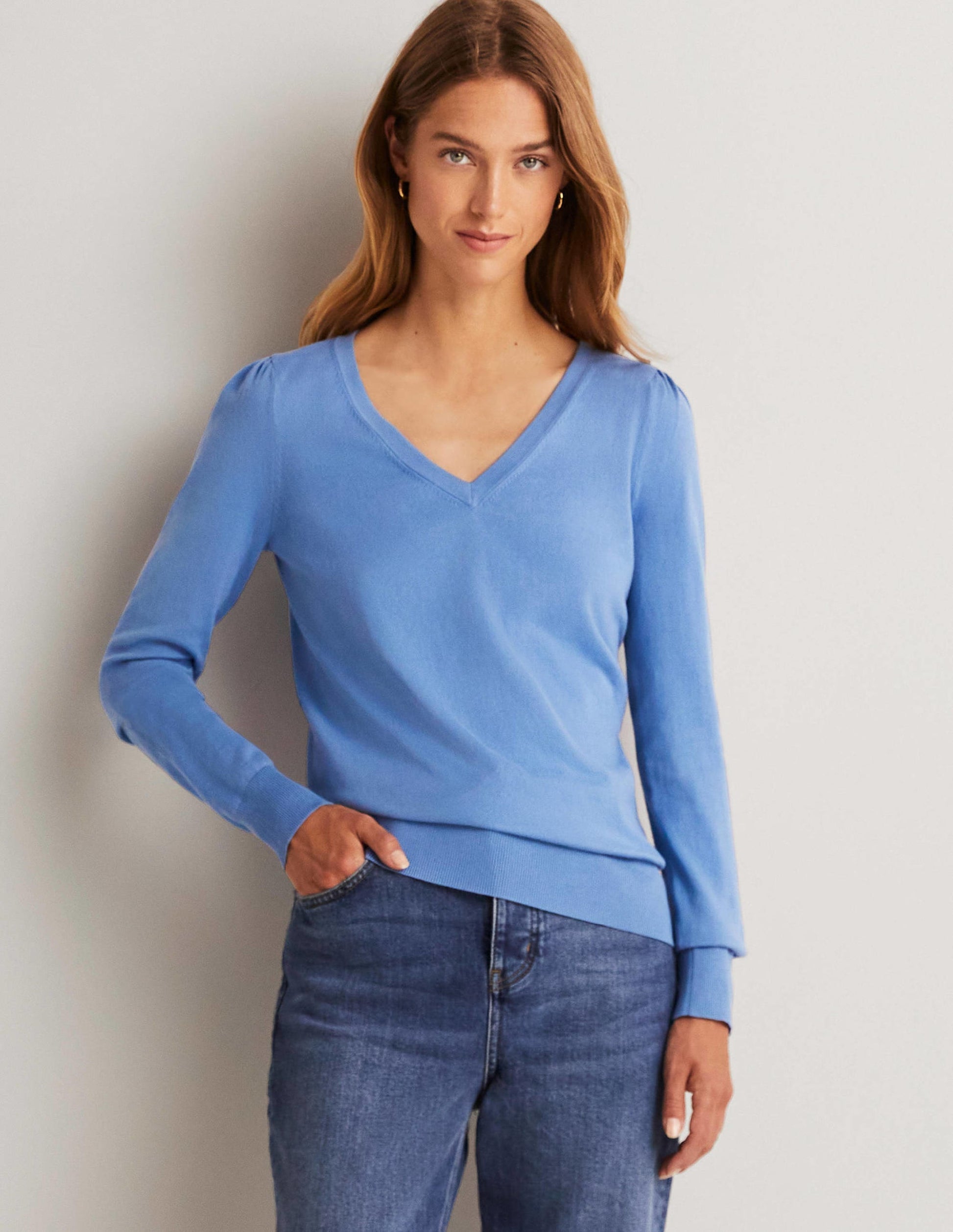 Cotton V-Neck Jumper-Riviera Blue-1