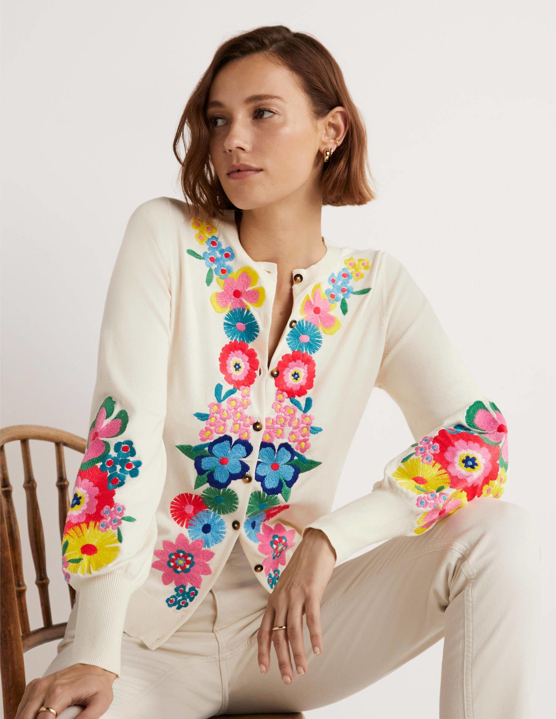 Embroidered Blouson Cardigan-Oatmeal Melange-9