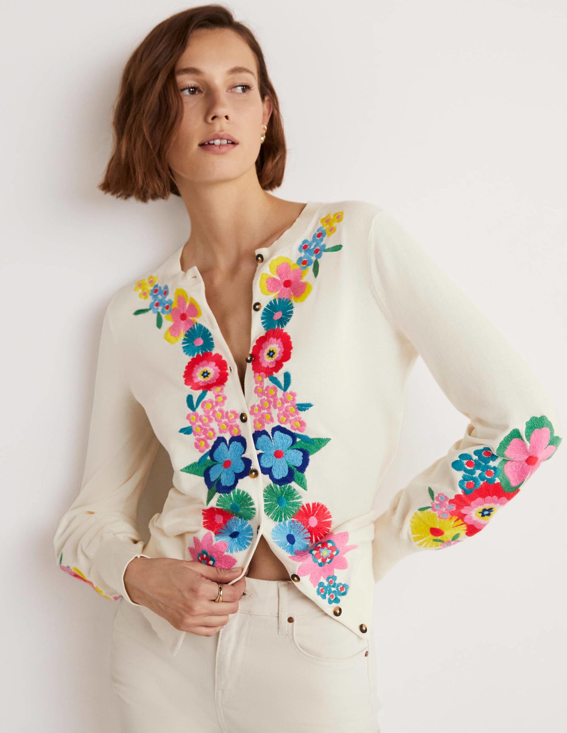 Embroidered Blouson Cardigan-Oatmeal Melange-1