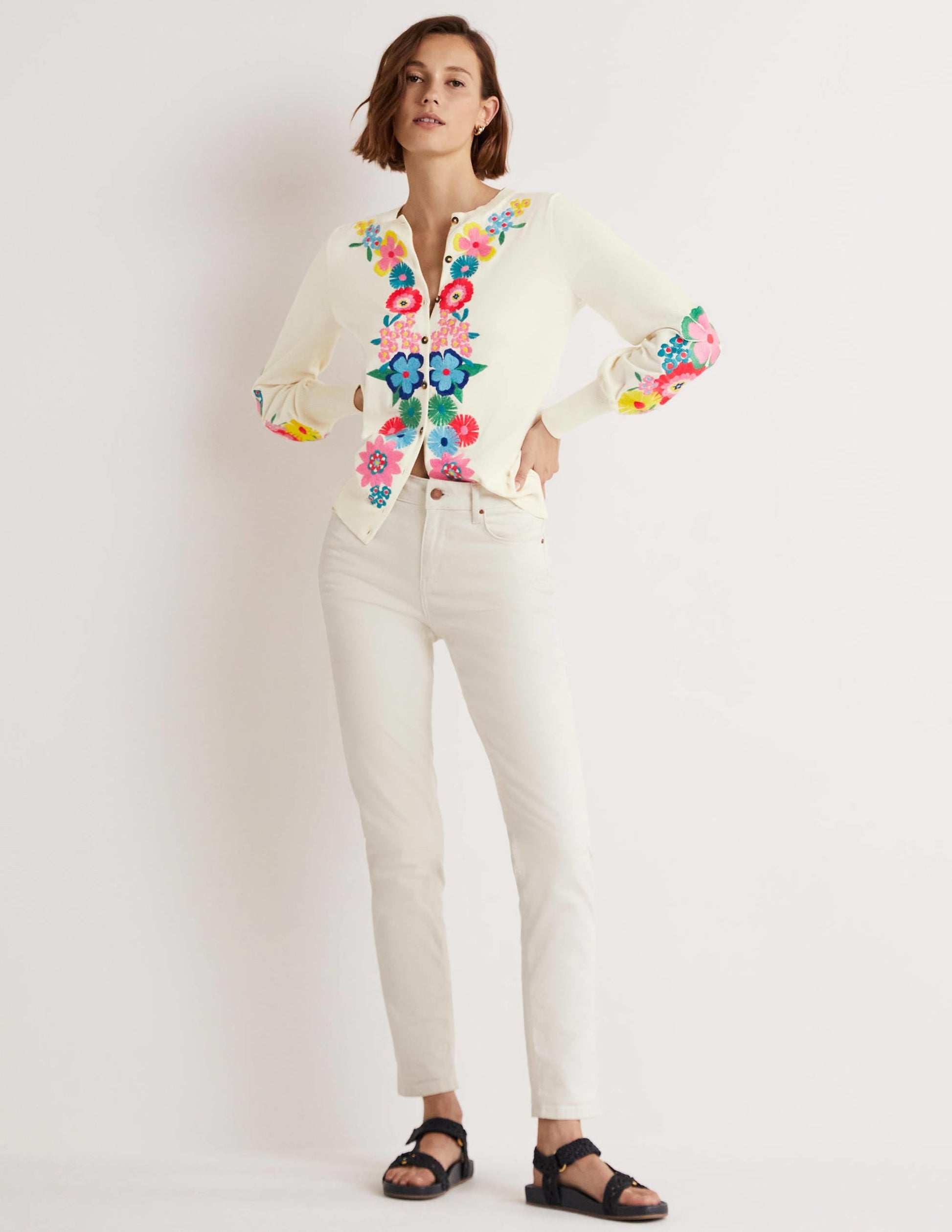 Embroidered Blouson Cardigan-Oatmeal Melange-5