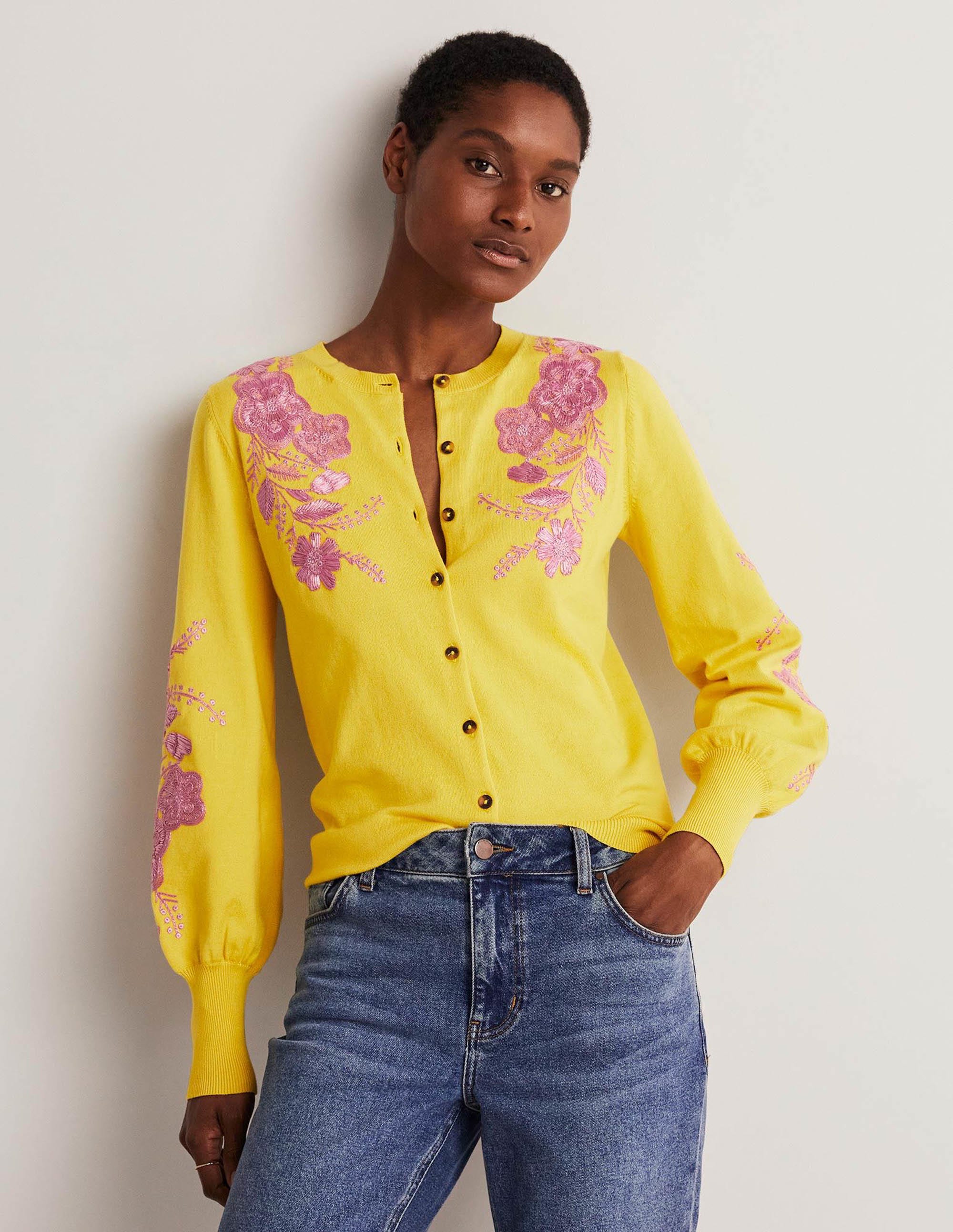 Embroidered Blouson Cardigan-Lemon Fizz - Image 1