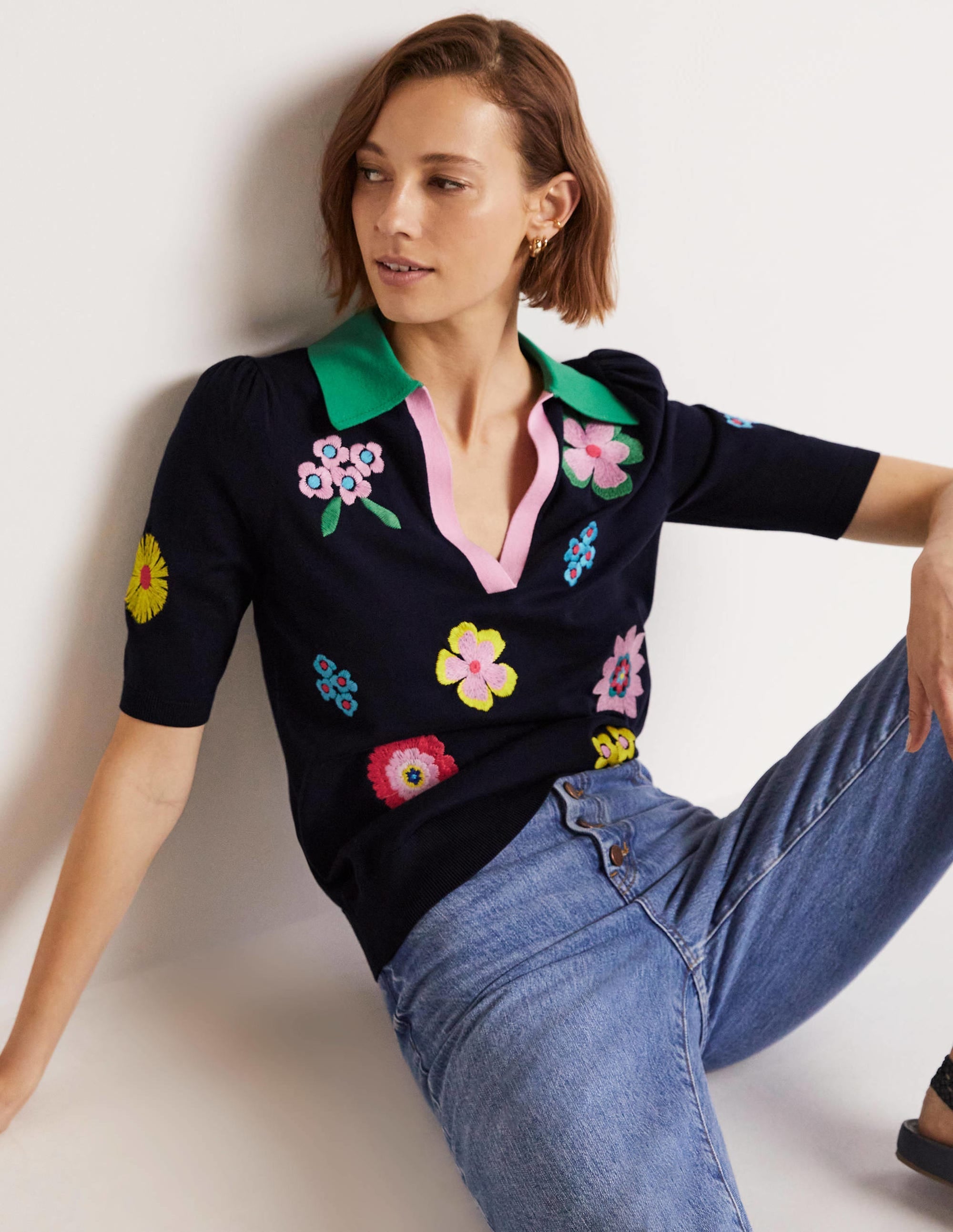 Embroidered Pop Collar Jumper-Navy, Multi Flowers - Image 5