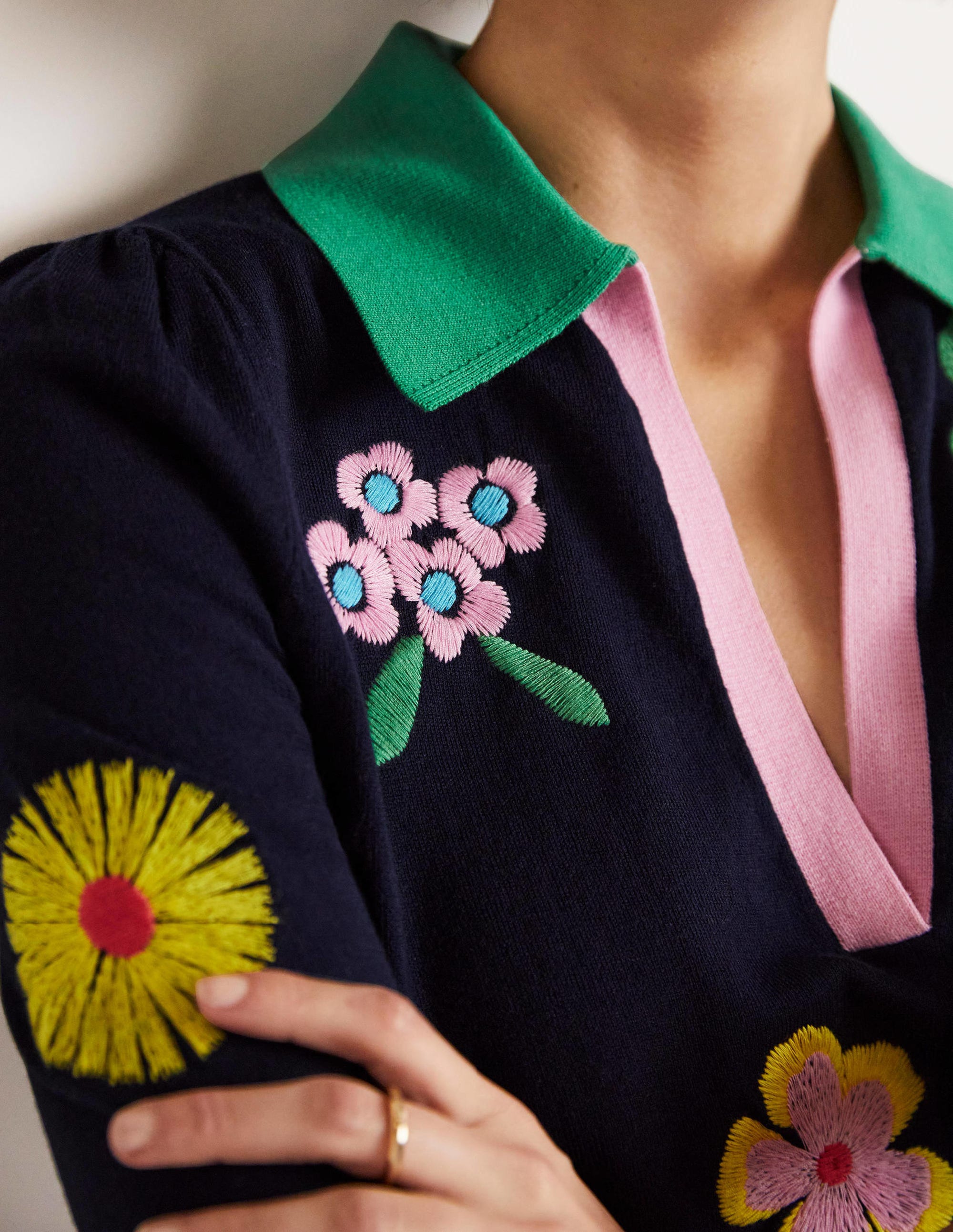Embroidered Pop Collar Jumper-Navy, Multi Flowers - Image 6