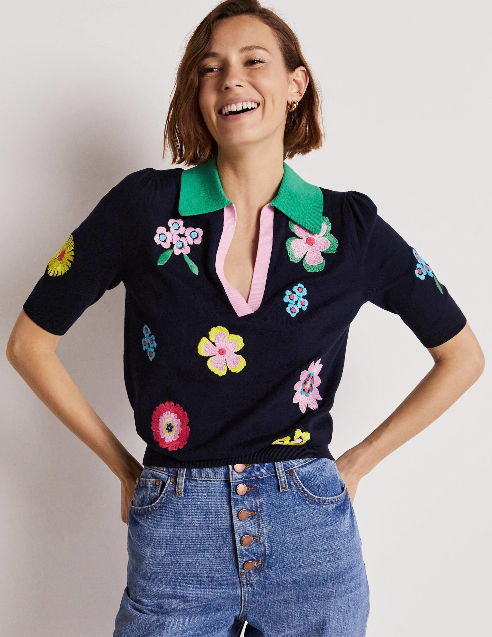 Embroidered Pop Collar Jumper-Navy, Multi Flowers - Image 8