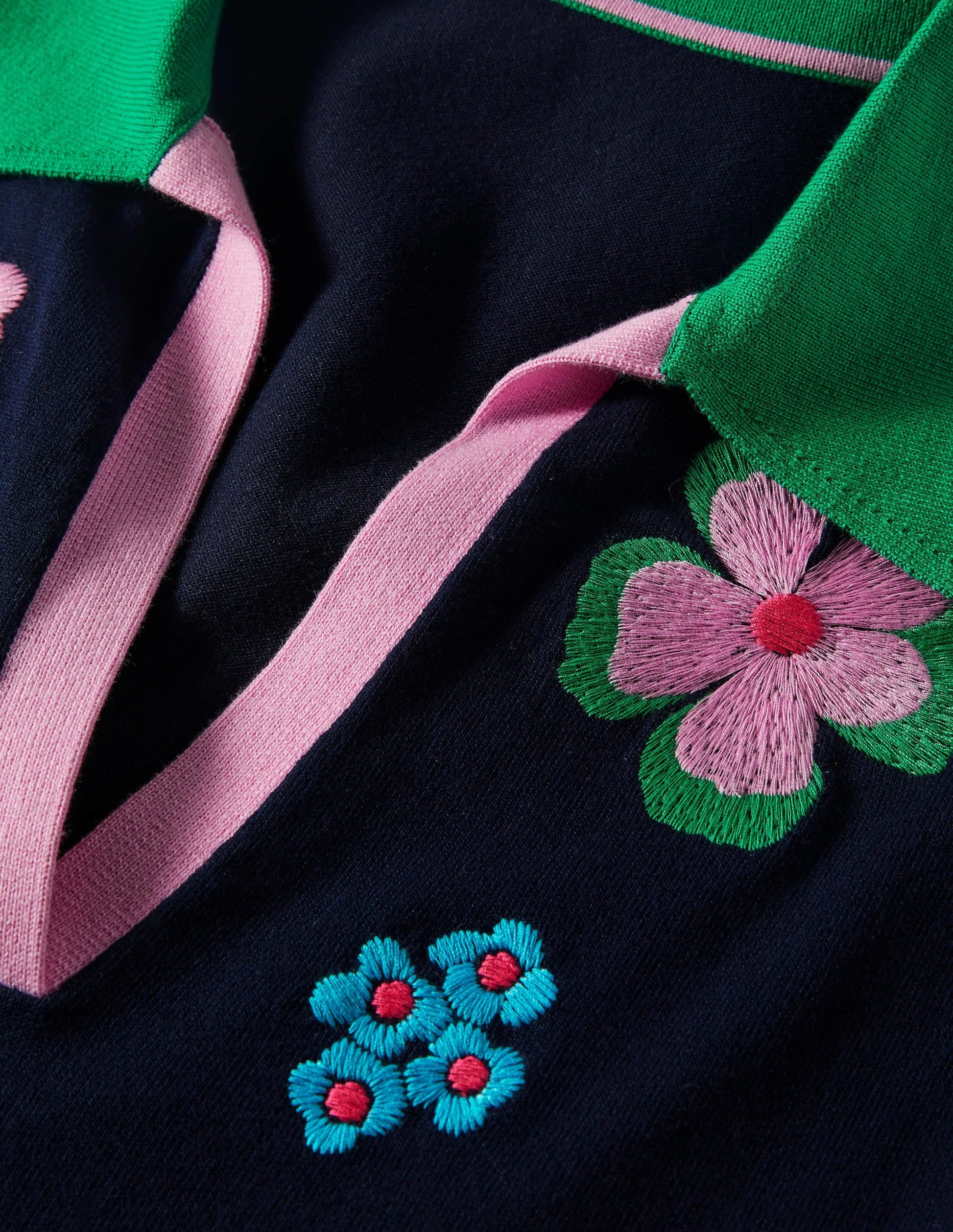 Embroidered Pop Collar Jumper-Navy, Multi Flowers-9