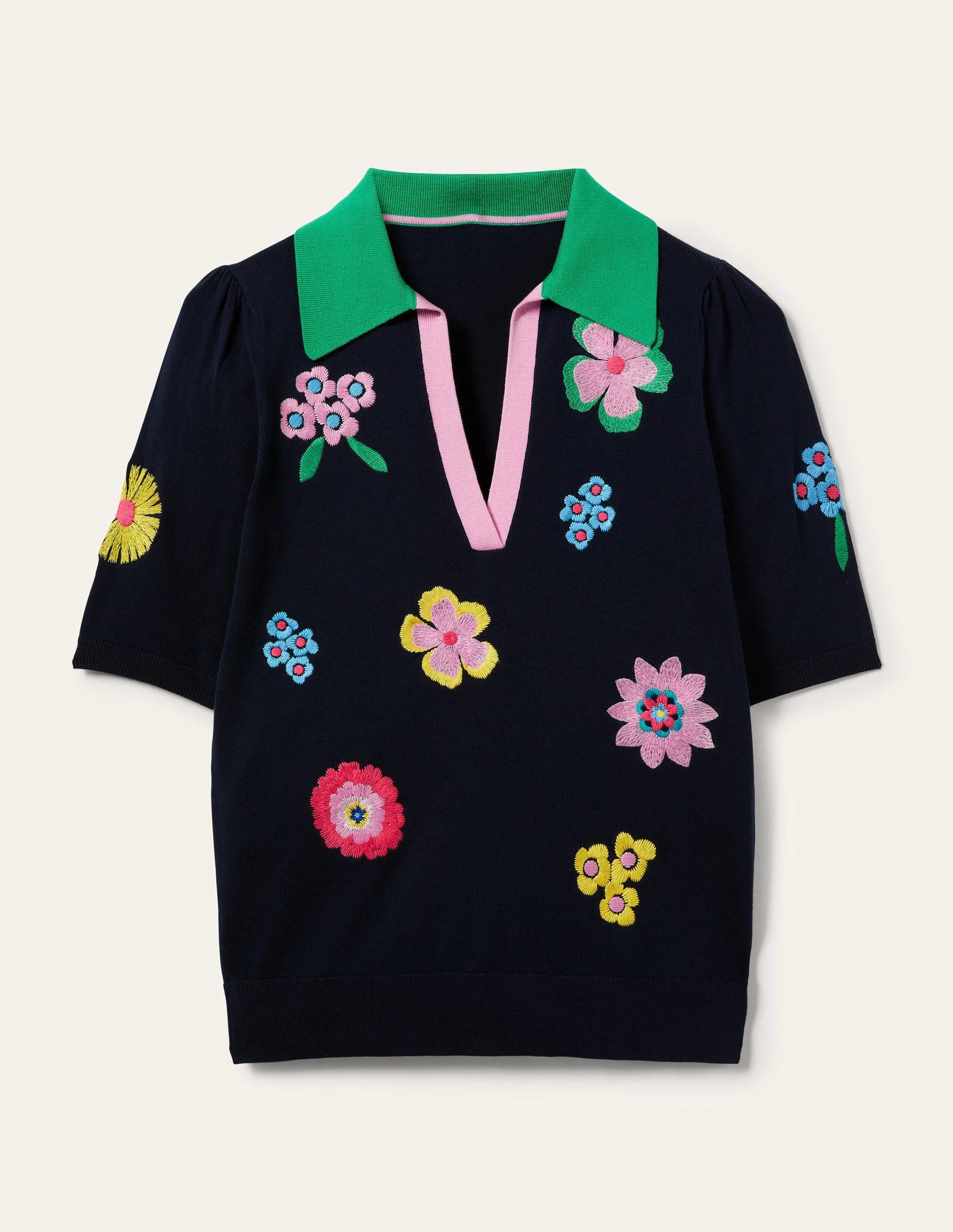 Embroidered Pop Collar Jumper-Navy, Multi Flowers-10