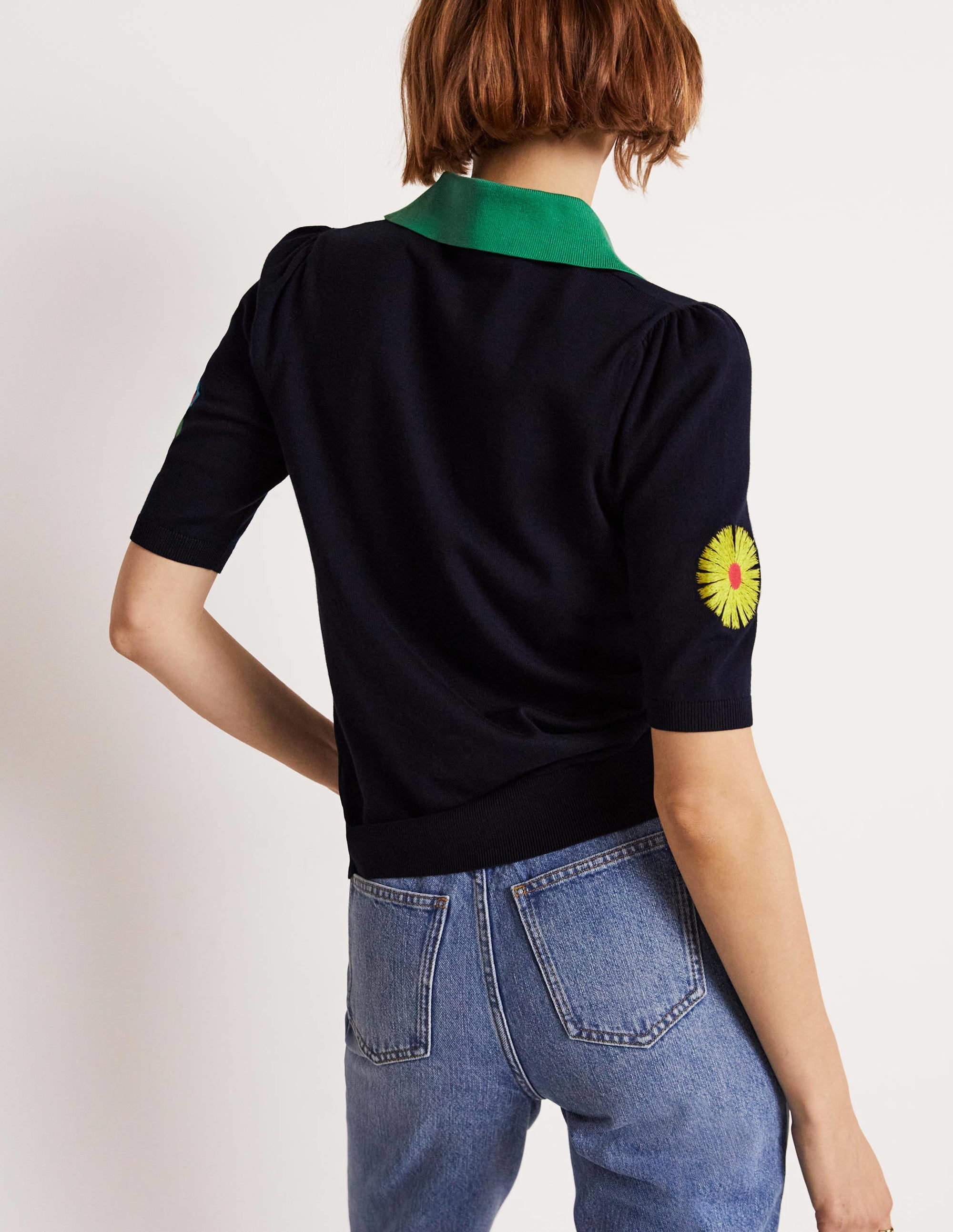 Embroidered Pop Collar Jumper-Navy, Multi Flowers - Image 3