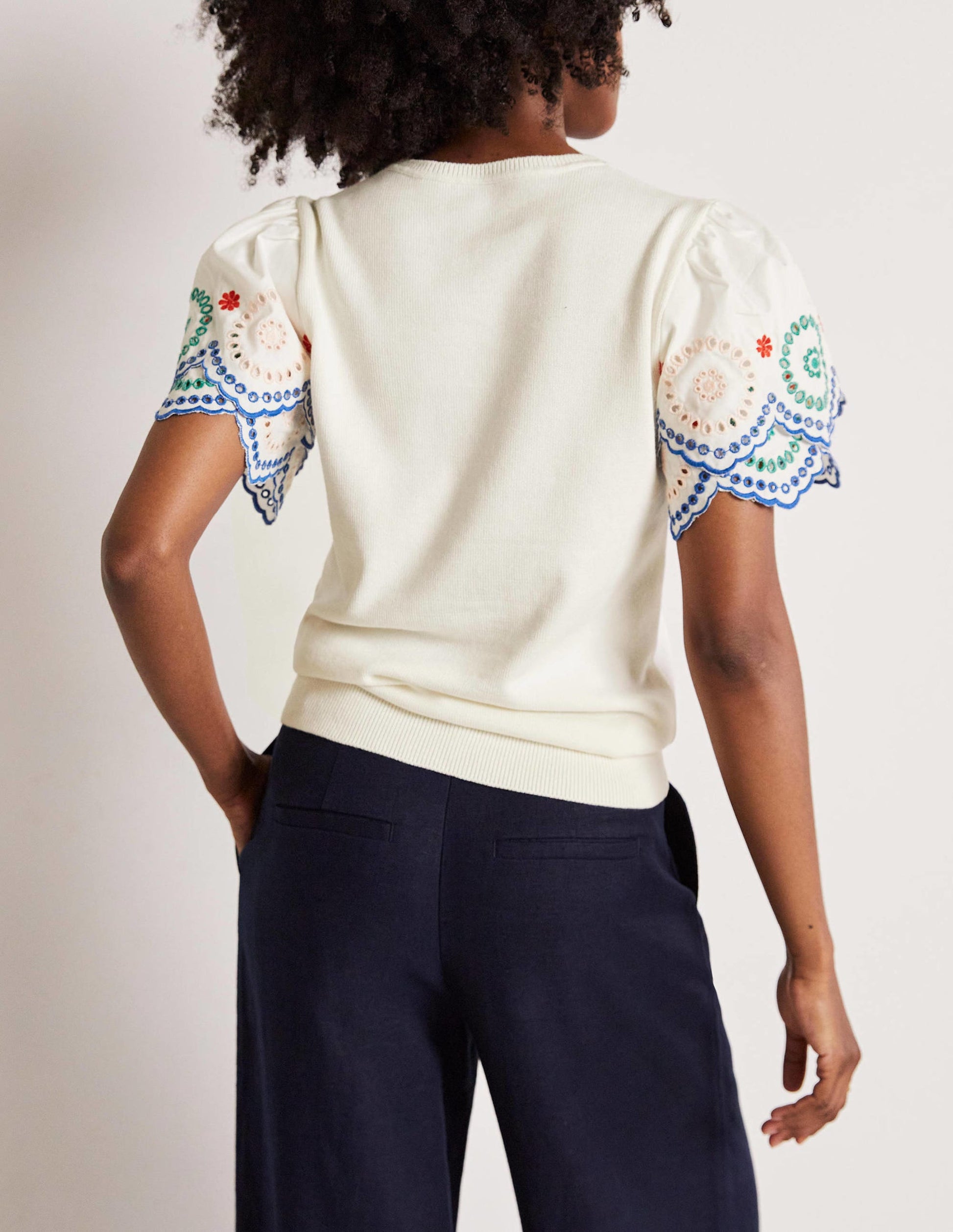 Knitted Sleeve Detail T-shirt-Ivory-7