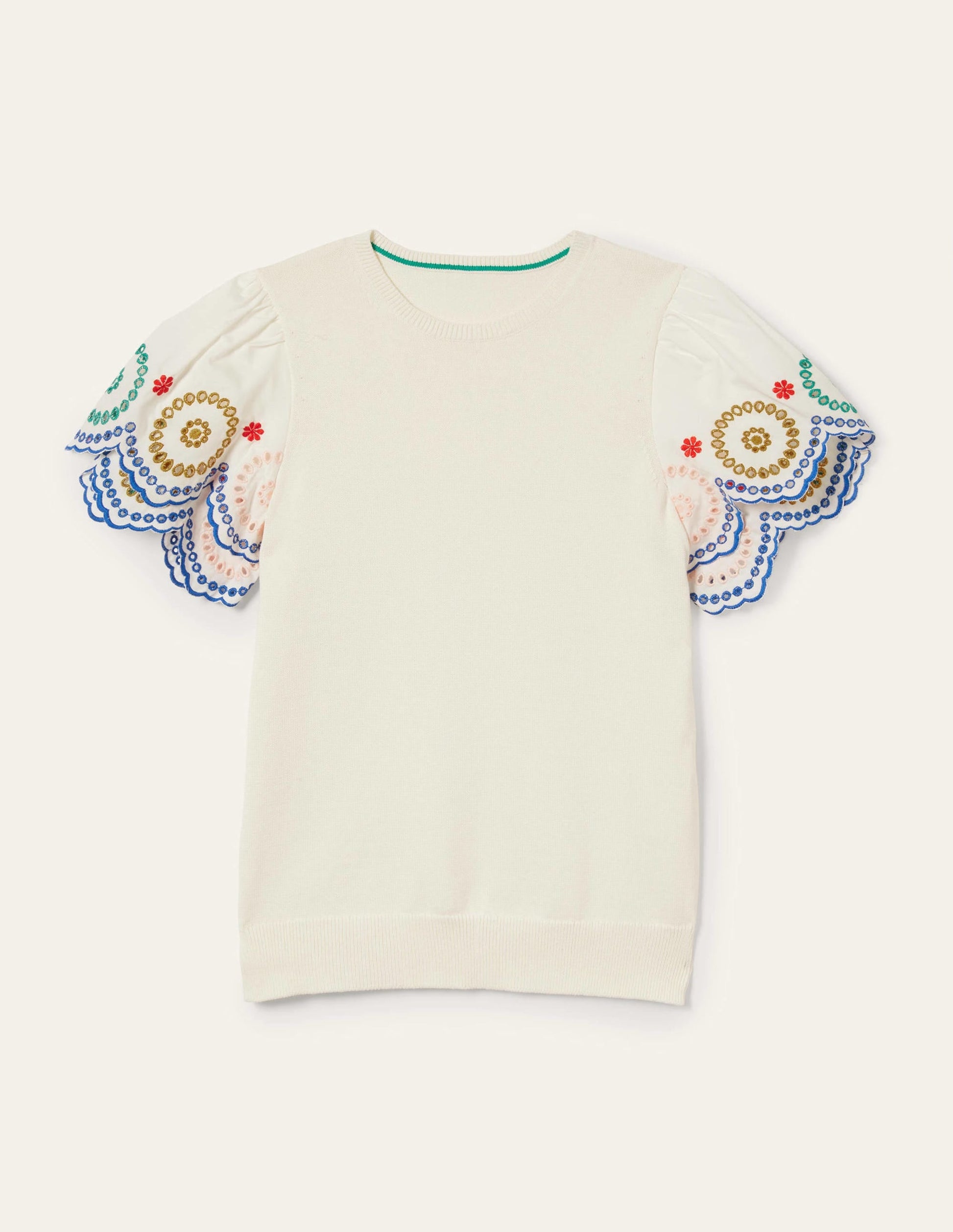 Knitted Sleeve Detail T-shirt-Ivory-10