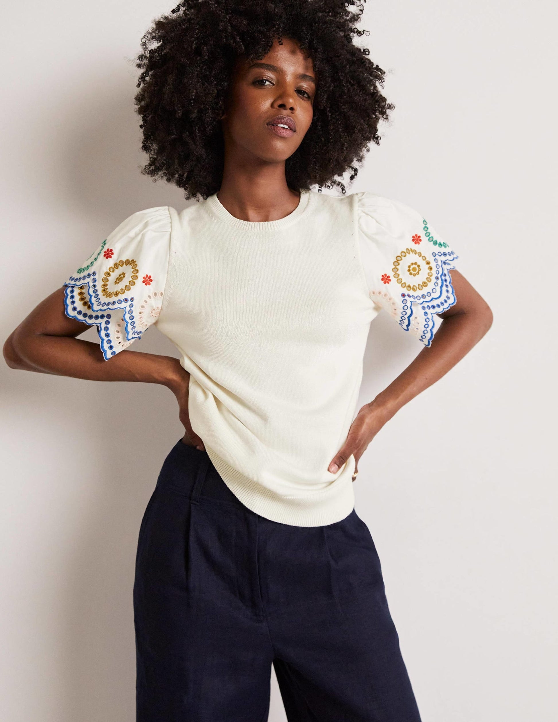 Knitted Sleeve Detail T-shirt-Ivory-5