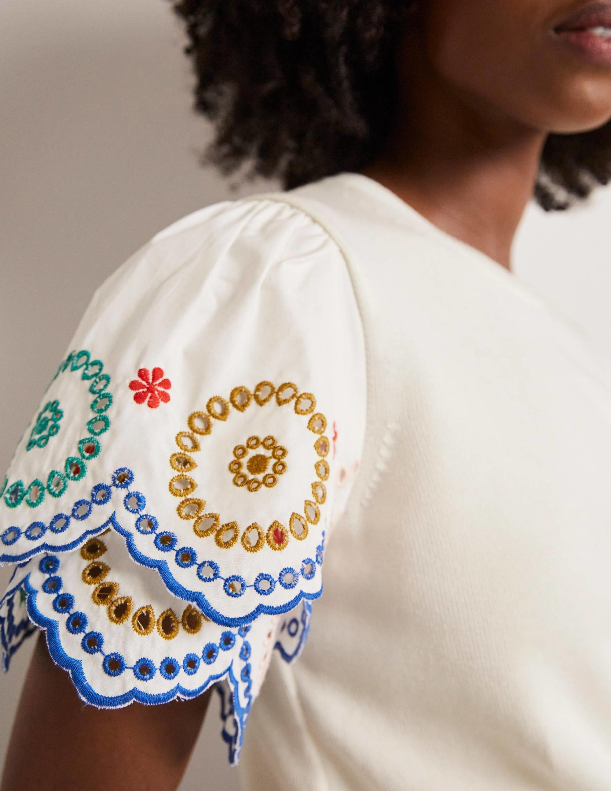 Knitted Sleeve Detail T-shirt-Ivory - Image 2