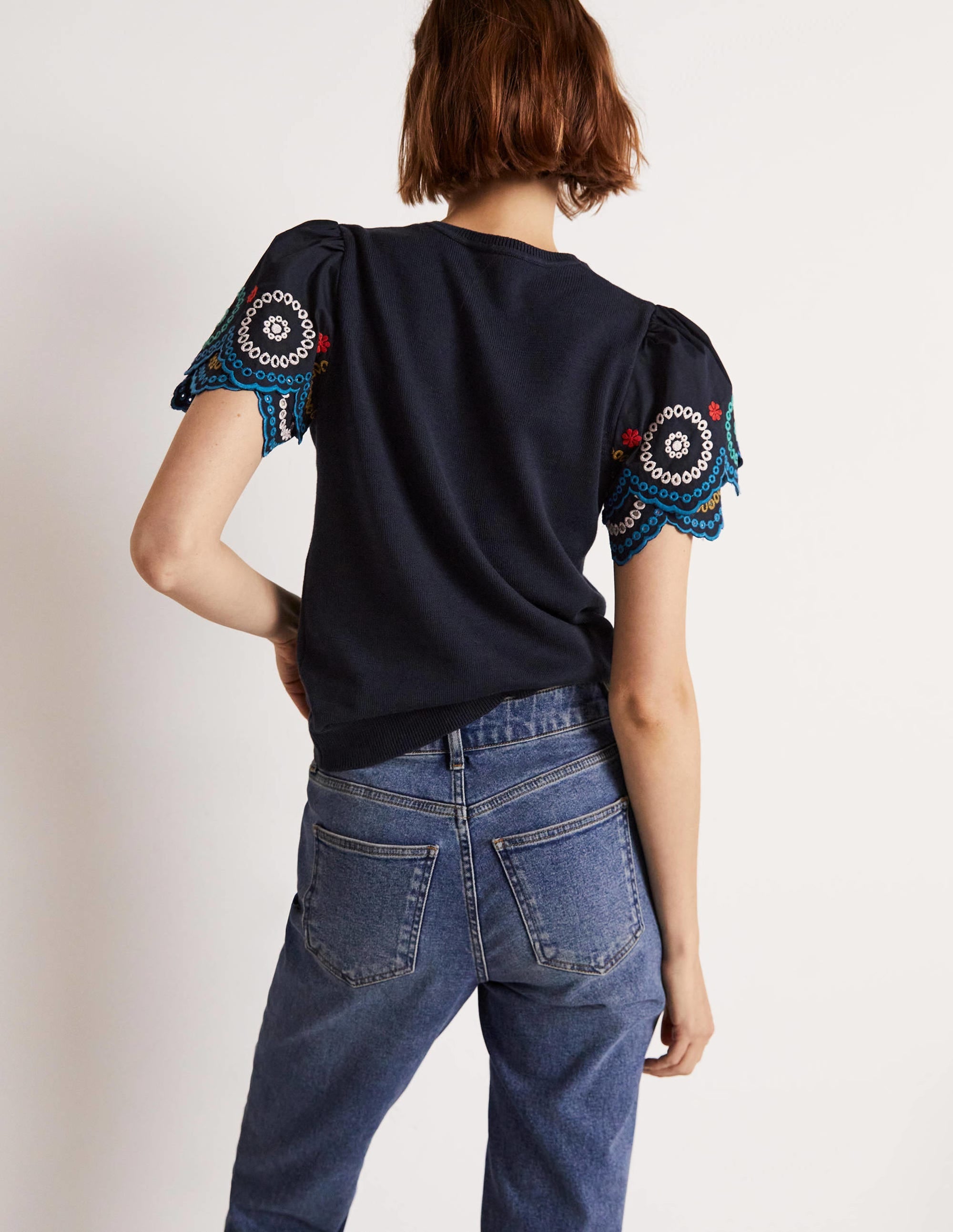 Knitted Sleeve Detail T-shirt-Navy - Image 7