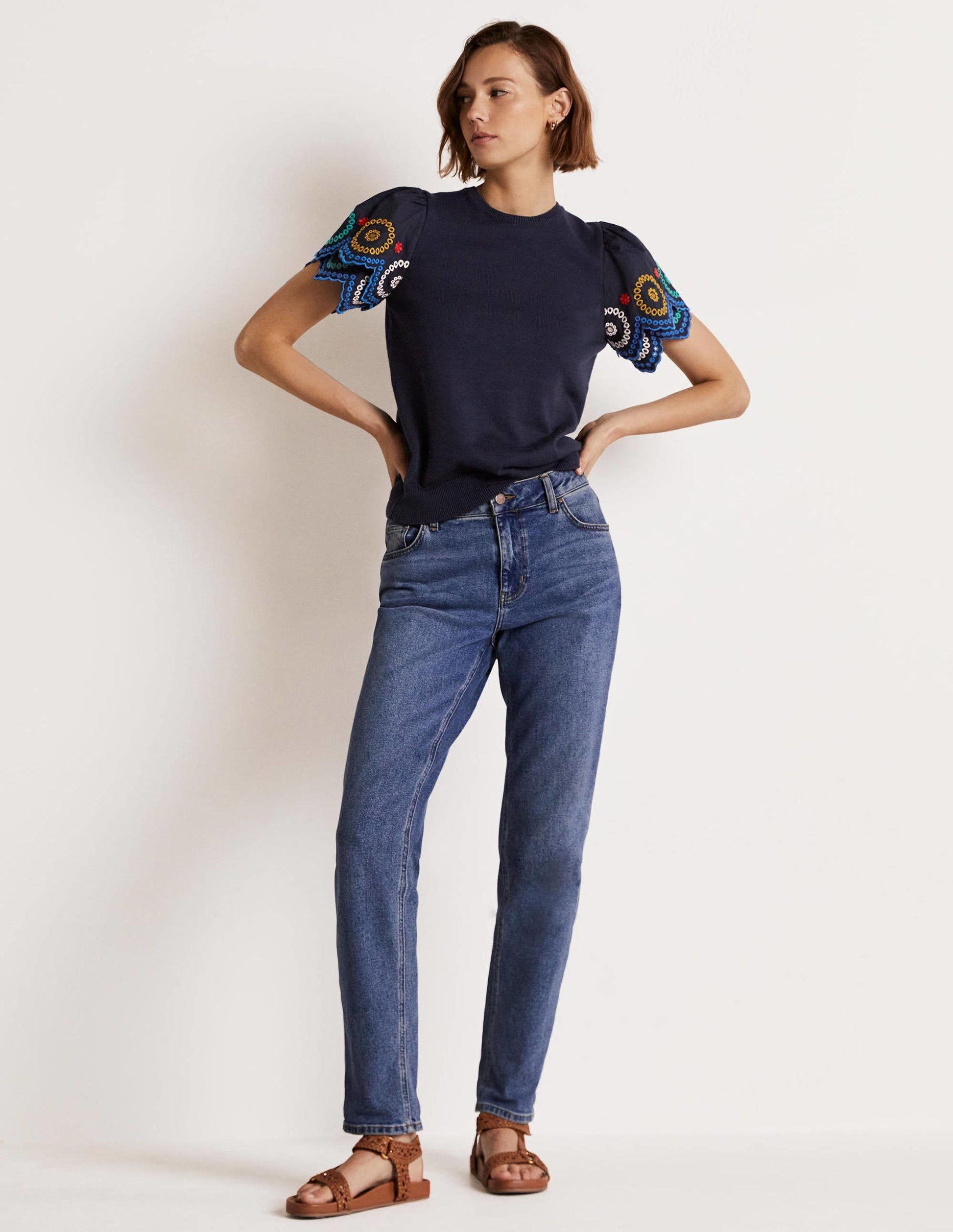 Knitted Sleeve Detail T-shirt-Navy-8