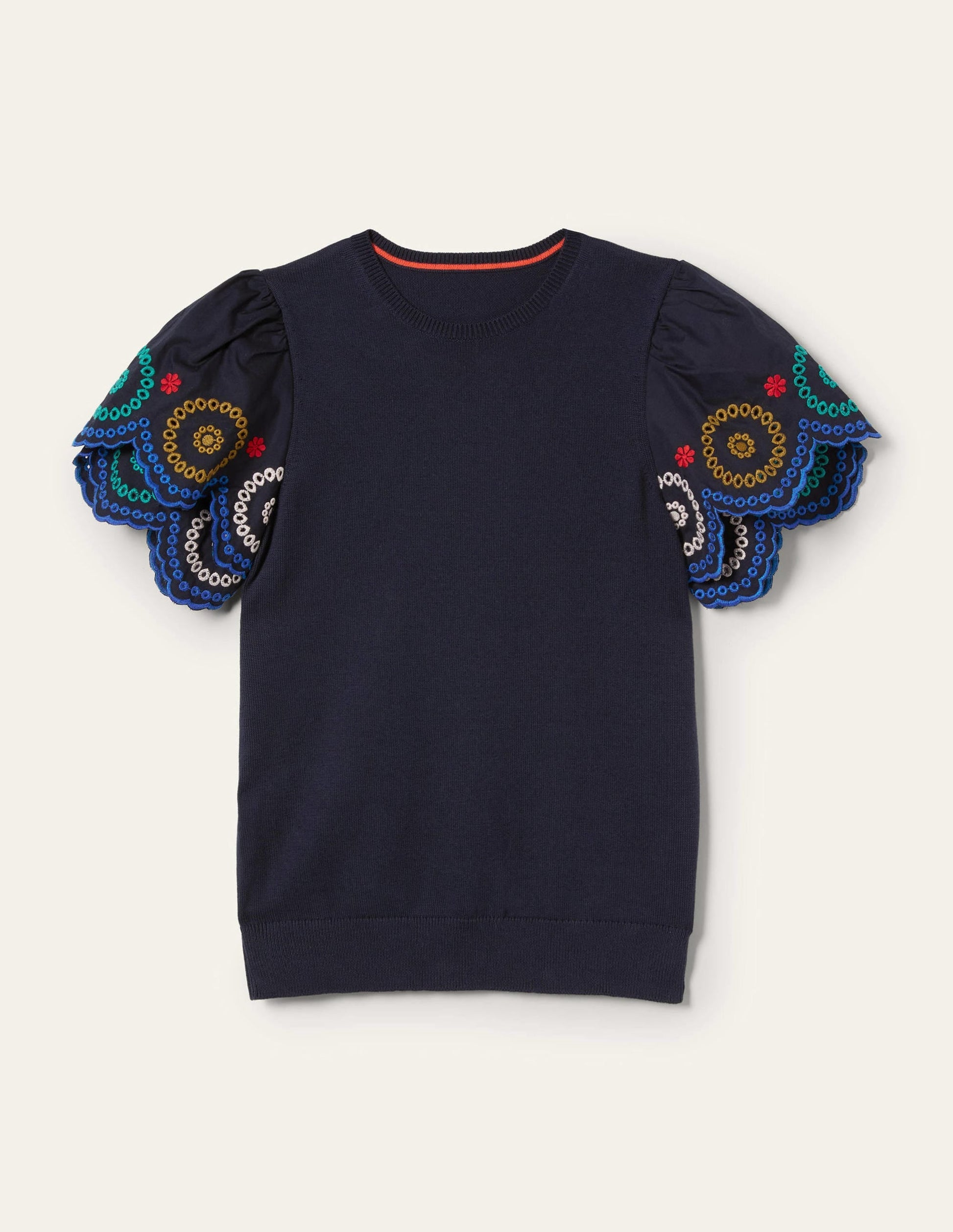 Knitted Sleeve Detail T-shirt-Navy-10