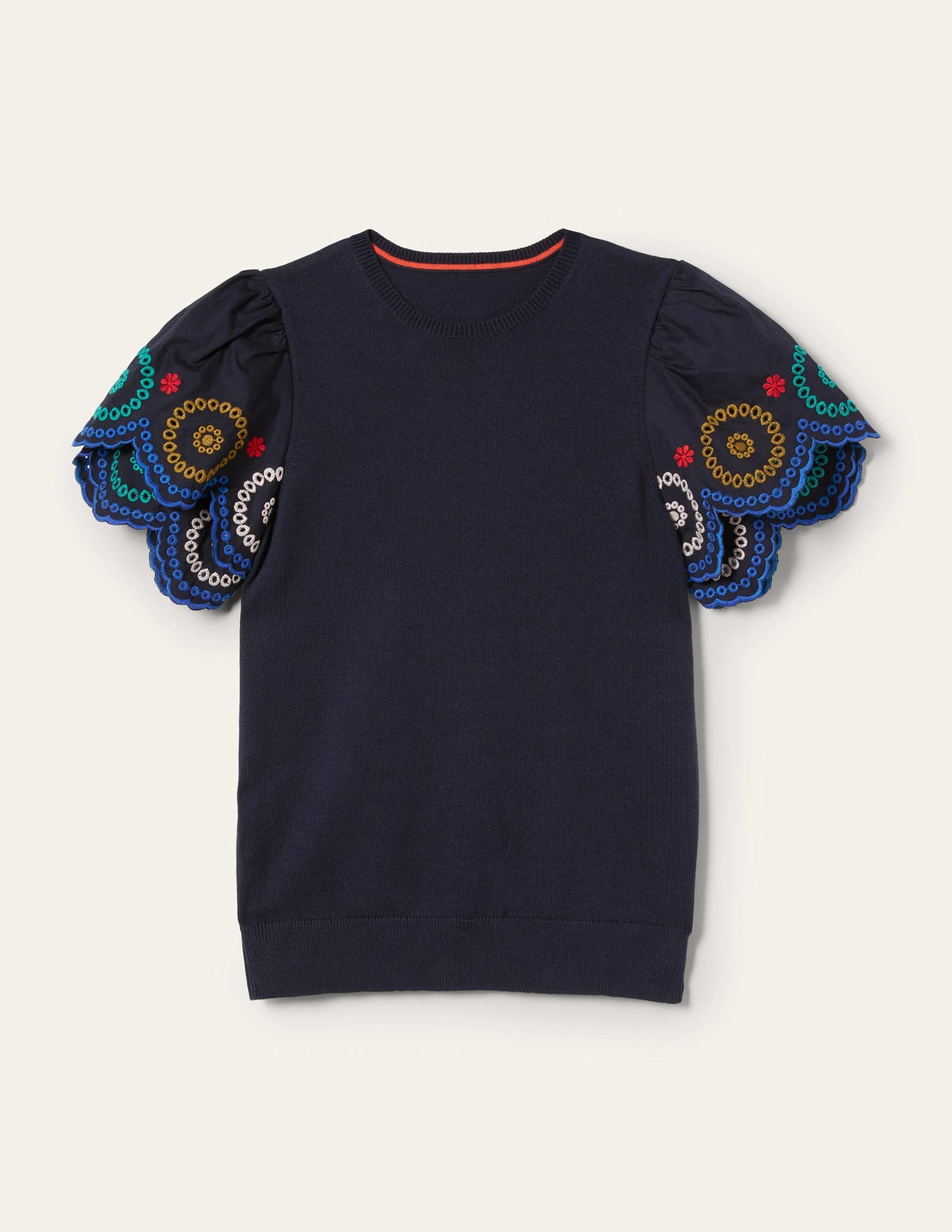 Knitted Sleeve Detail T-shirt-Navy - Image 10