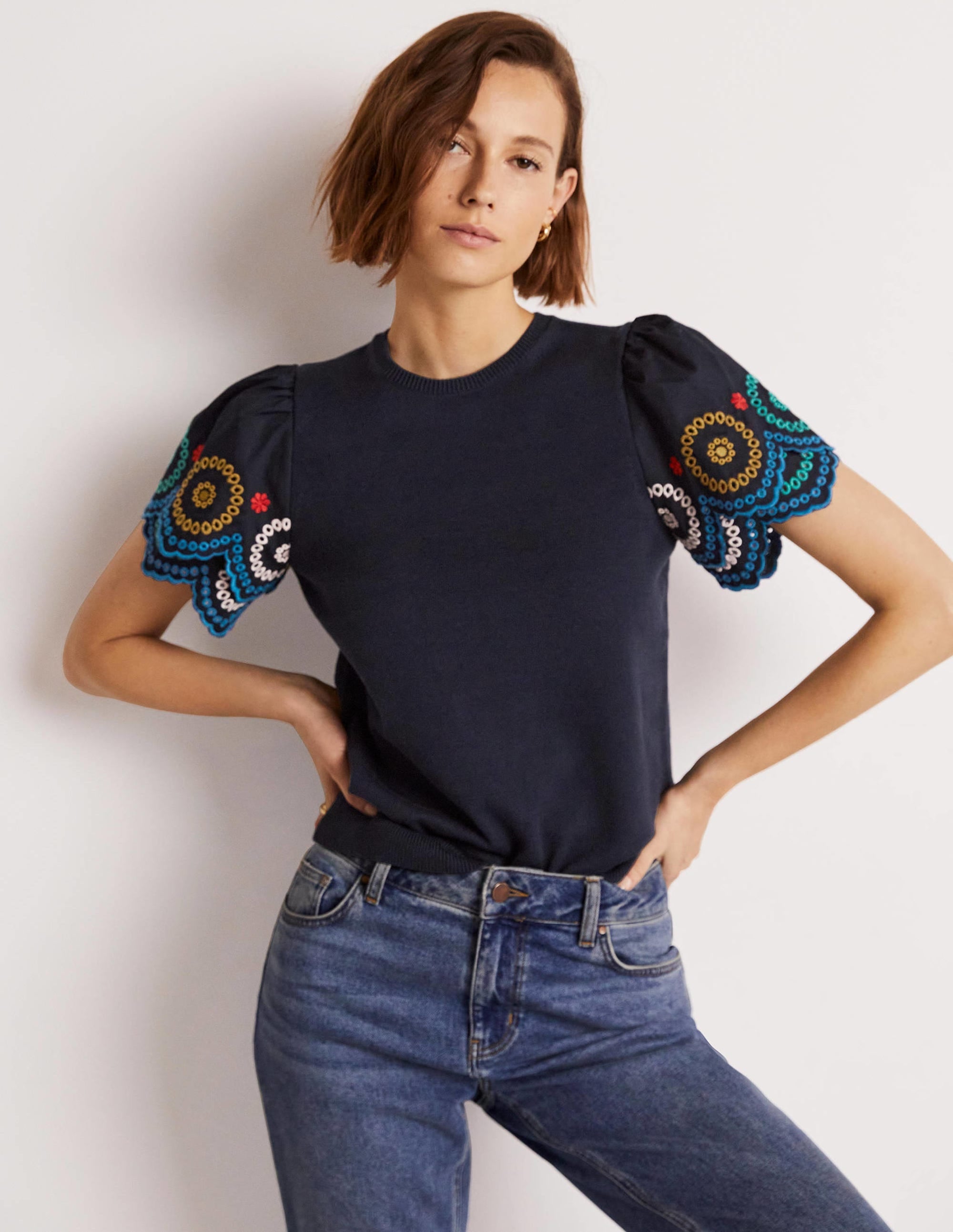 Knitted Sleeve Detail T-shirt-Navy - Image 1